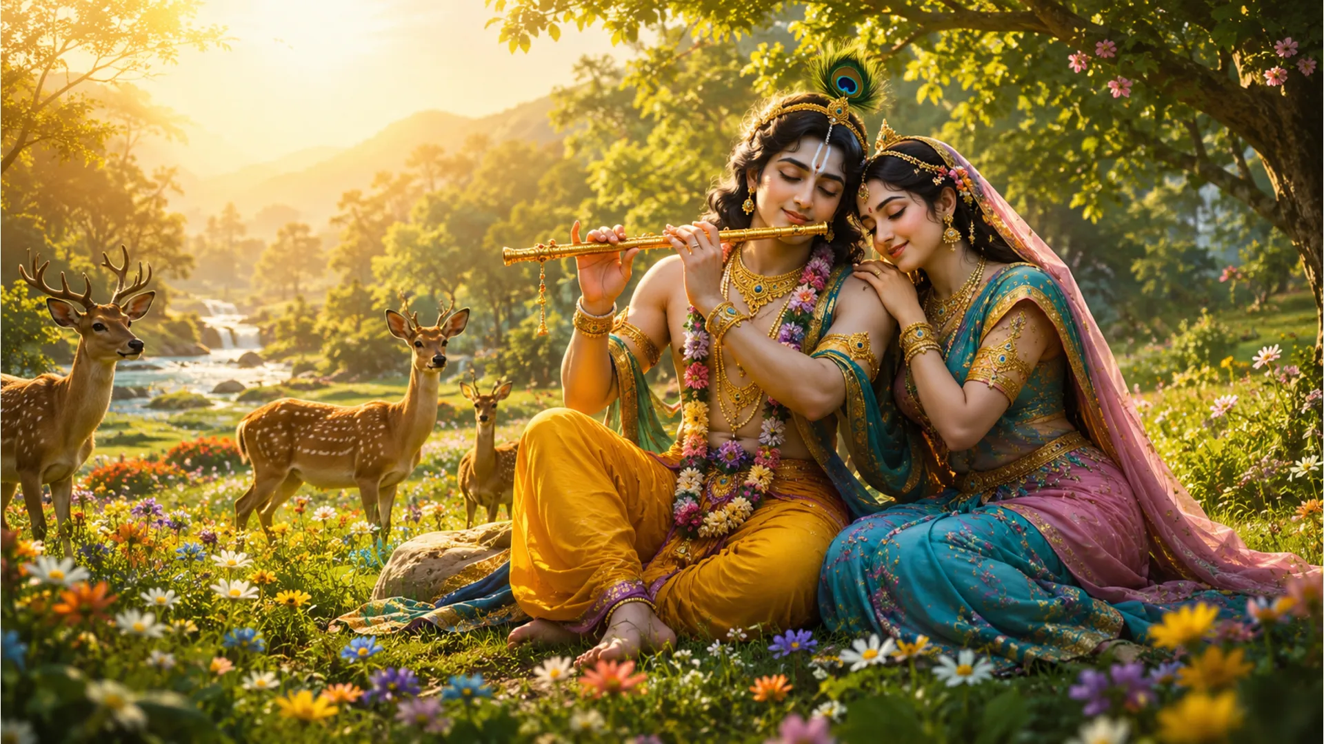 A divine pair playing a golden flute in a lush green valley with deer