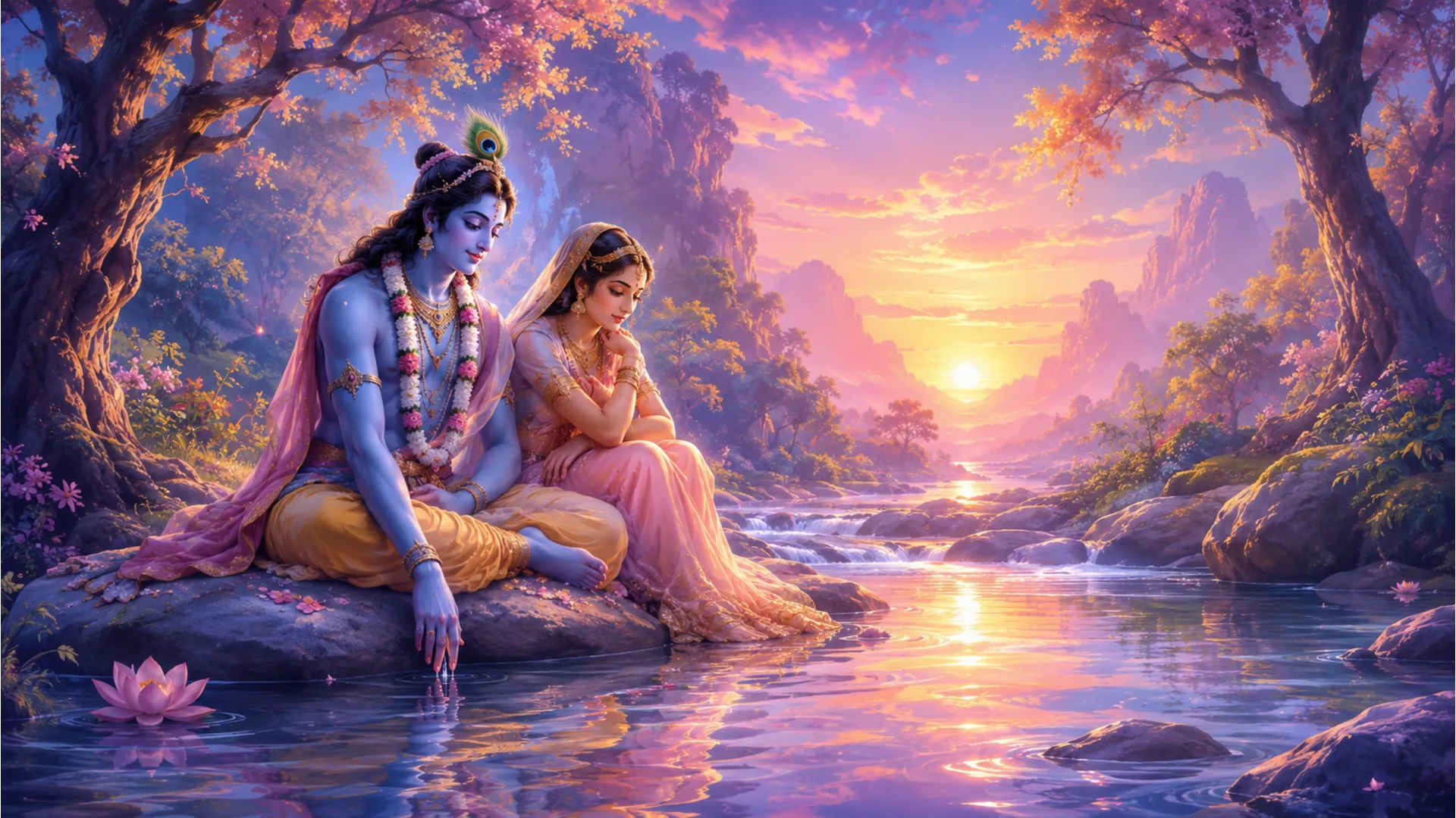 A spiritual couple sitting peacefully by a flowing river in a mystical forest