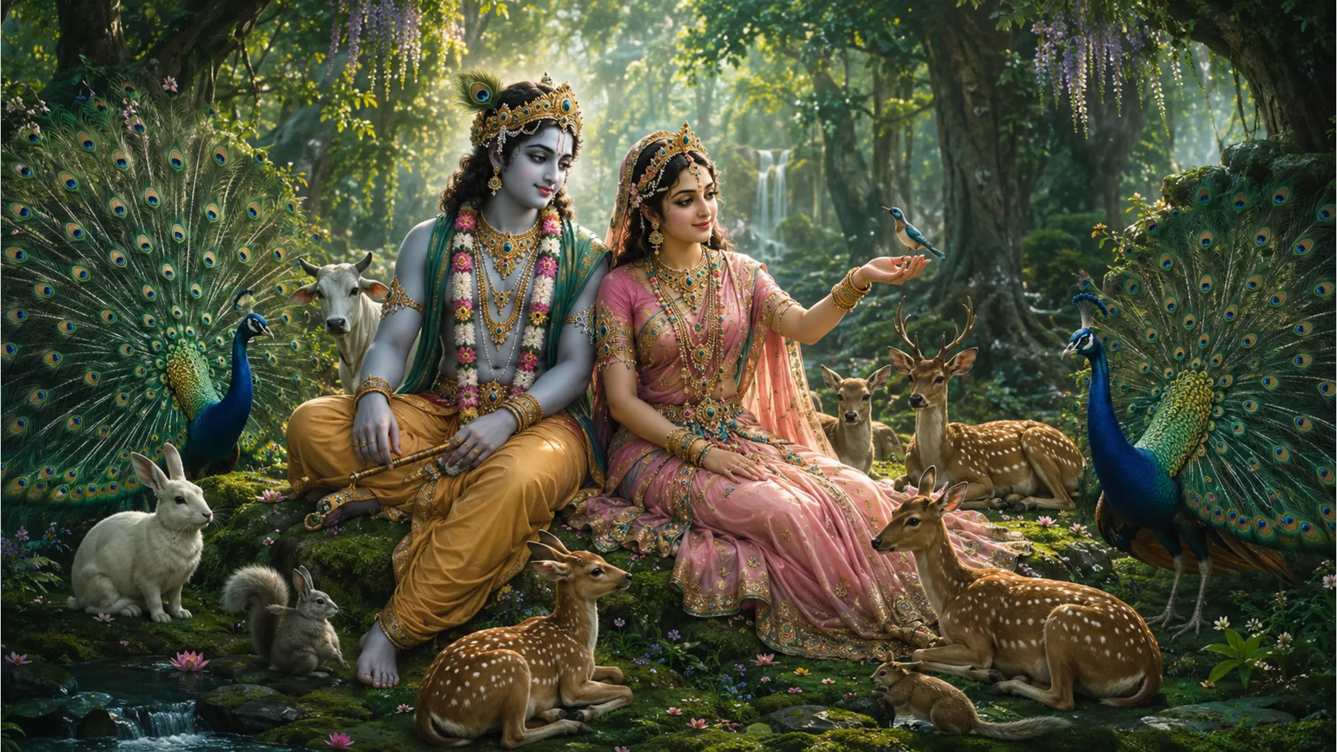 A divine couple blessing peacocks and deer in a sacred forest grove