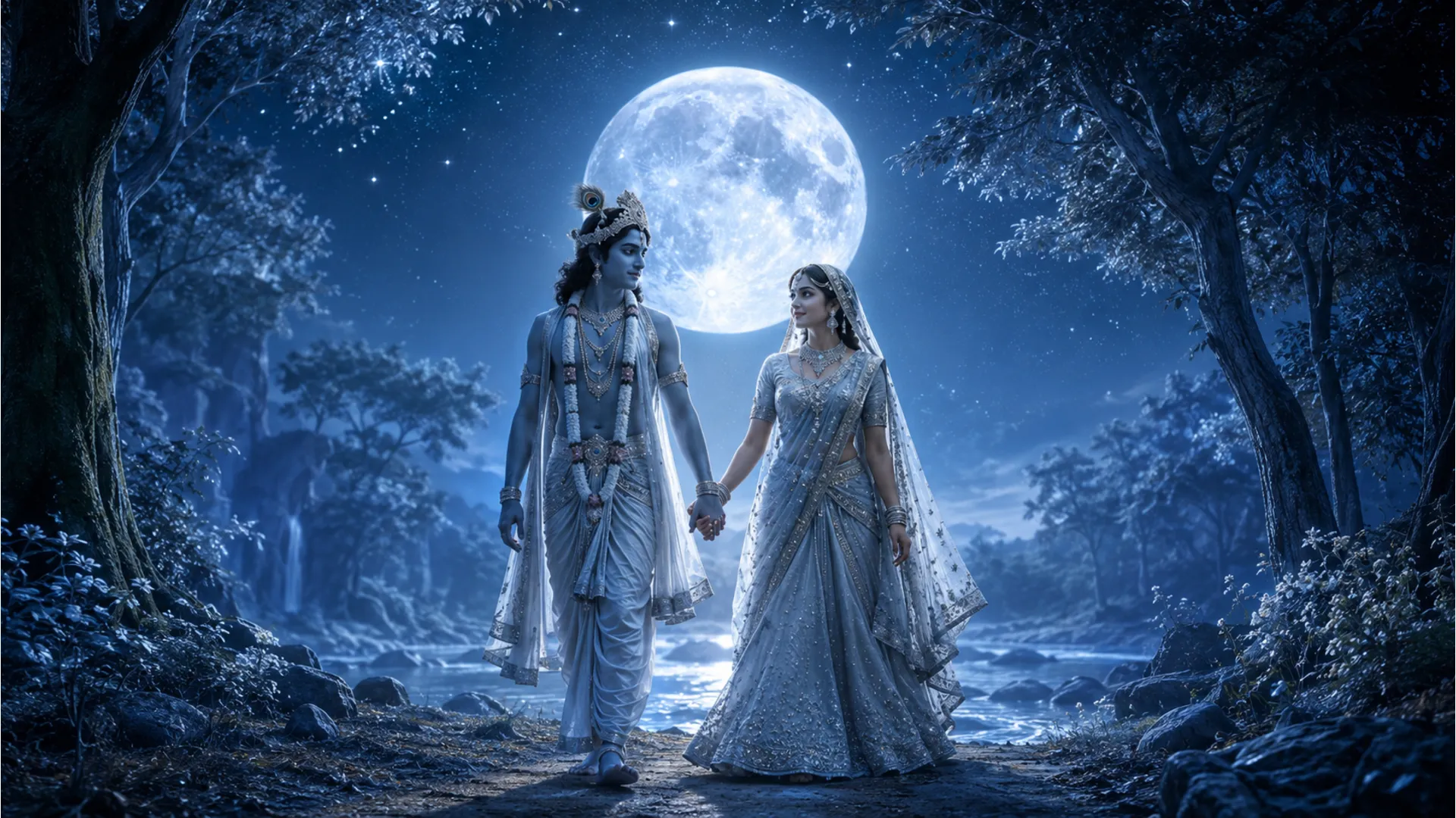 A divine couple walking hand in hand under a bright full moon in a night forest