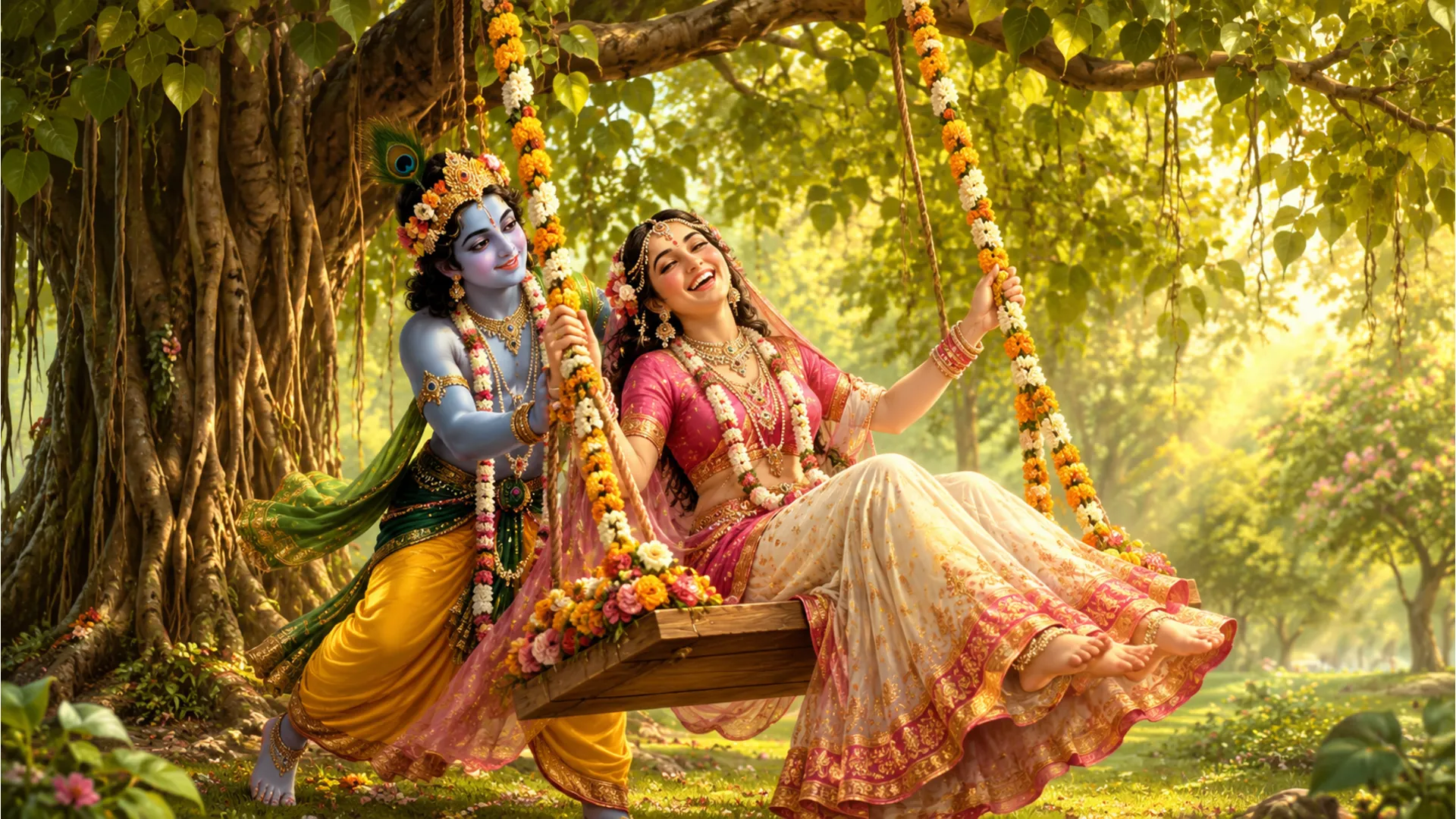 A spiritual couple enjoying a beautifully decorated wooden swing in the woods