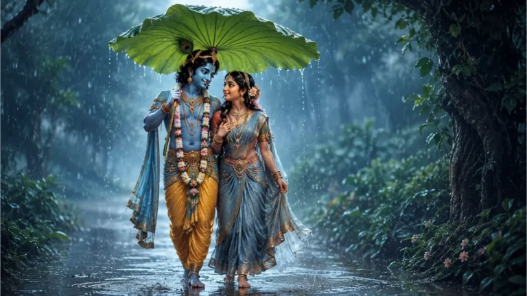 A divine pair sharing a large lotus leaf umbrella during a gentle forest rain