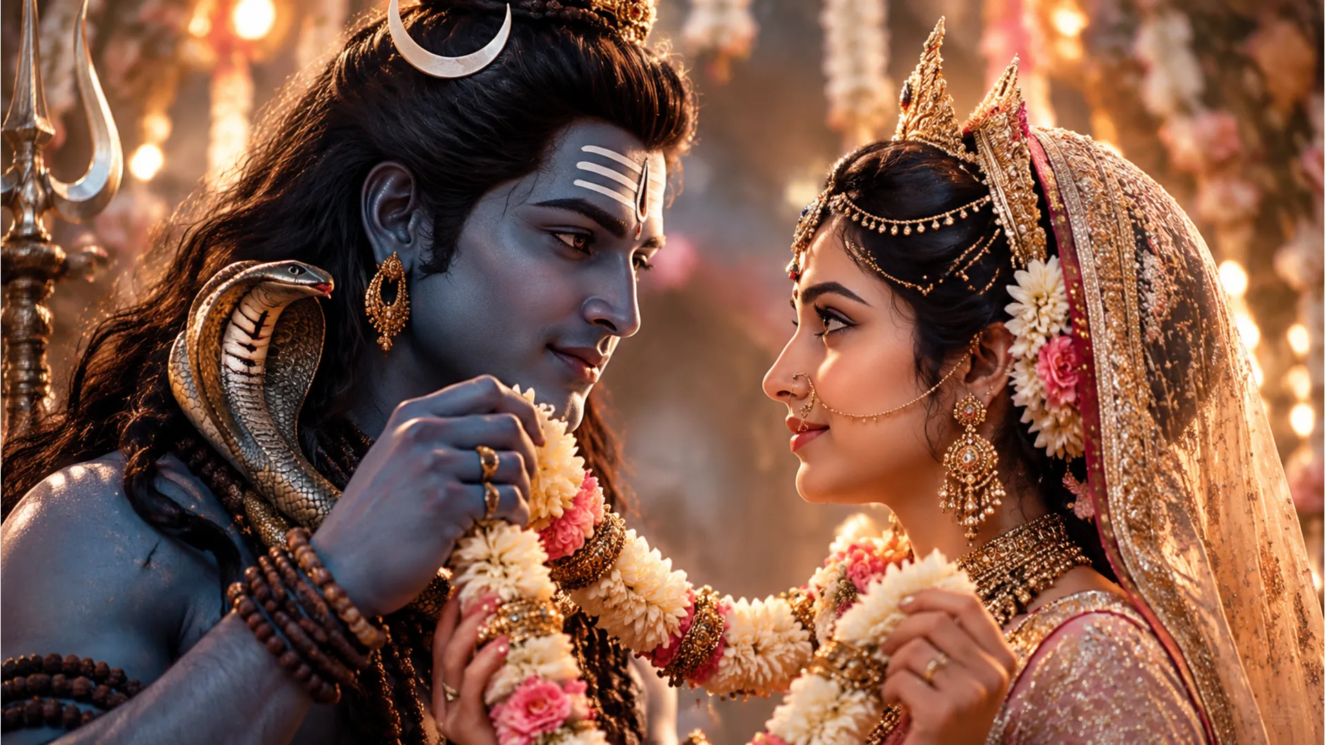 Close-up shot of Shiva and Parvati looking at each other during Varmala.