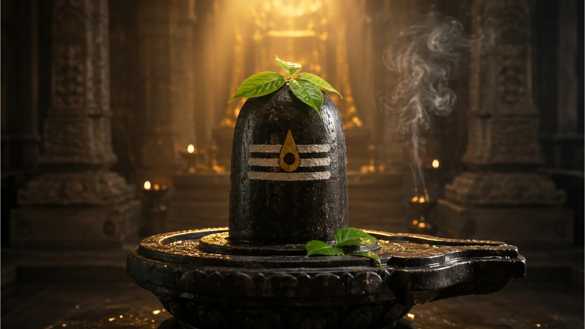 Full HD image of a glowing sacred Shivling inside a traditional stone temple.