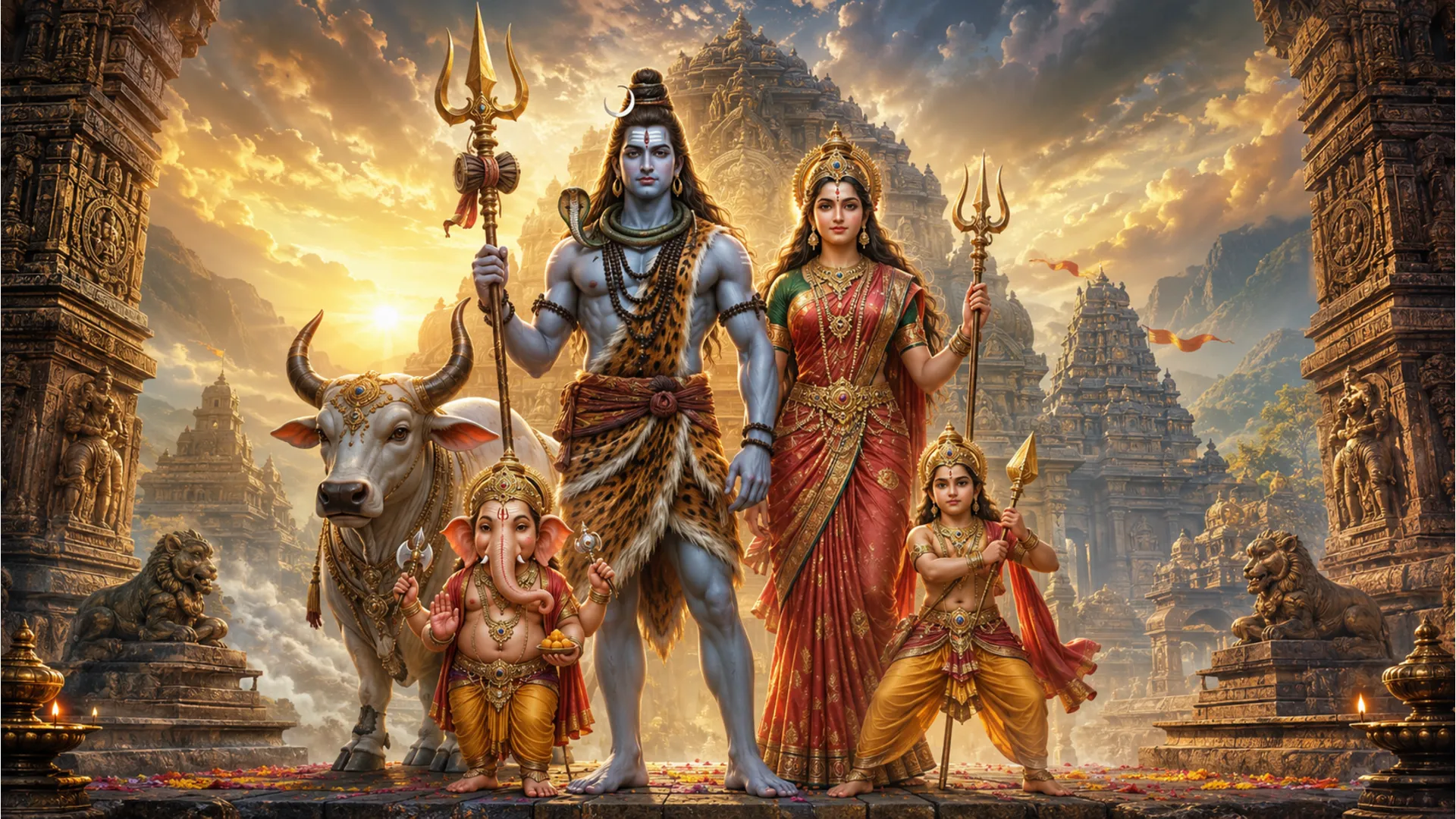 Shiv and Parvati guarding the entrance of a sacred temple with their sons.