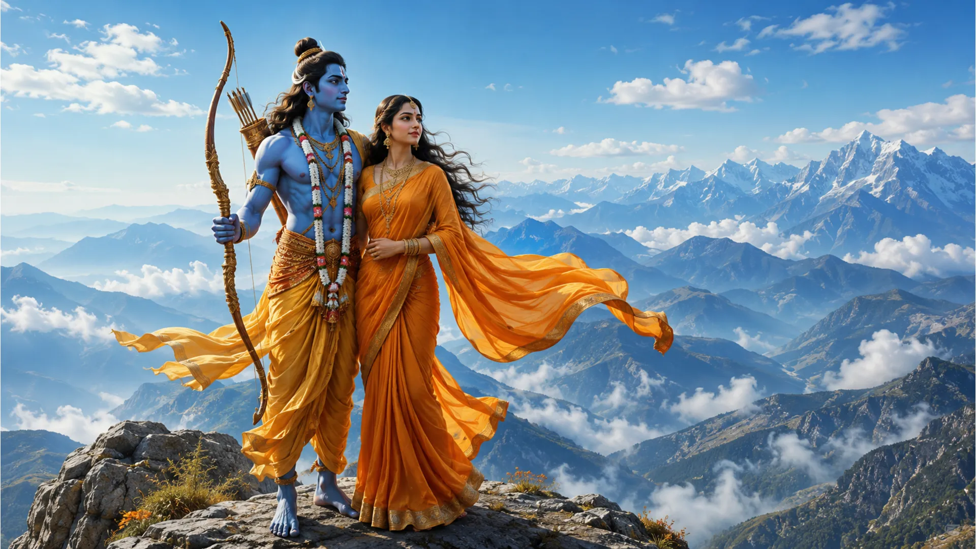 Panoramic art of a divine couple standing on a high mountain peak looking at distant hills