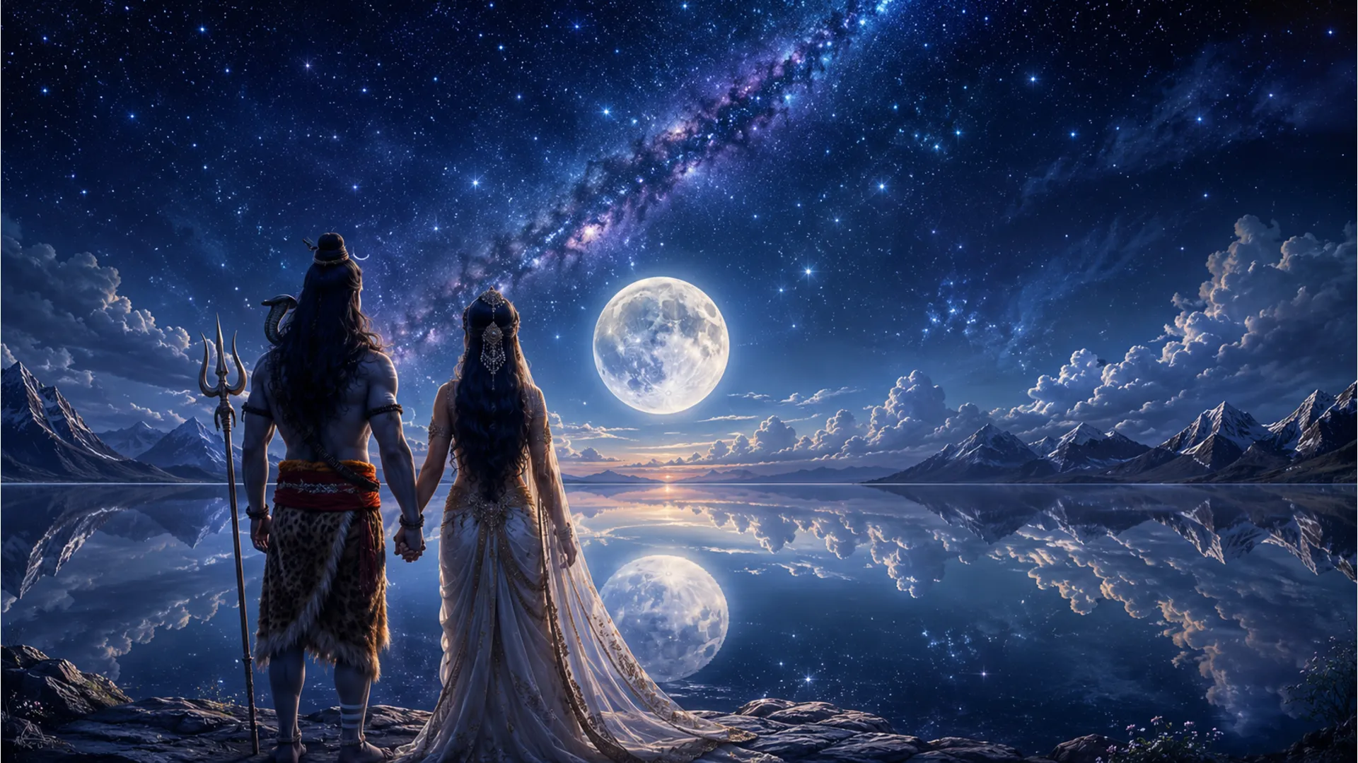 Lord Shiva and Goddess Parvati standing by a vast cosmic lake reflecting the full moon and a starry sky