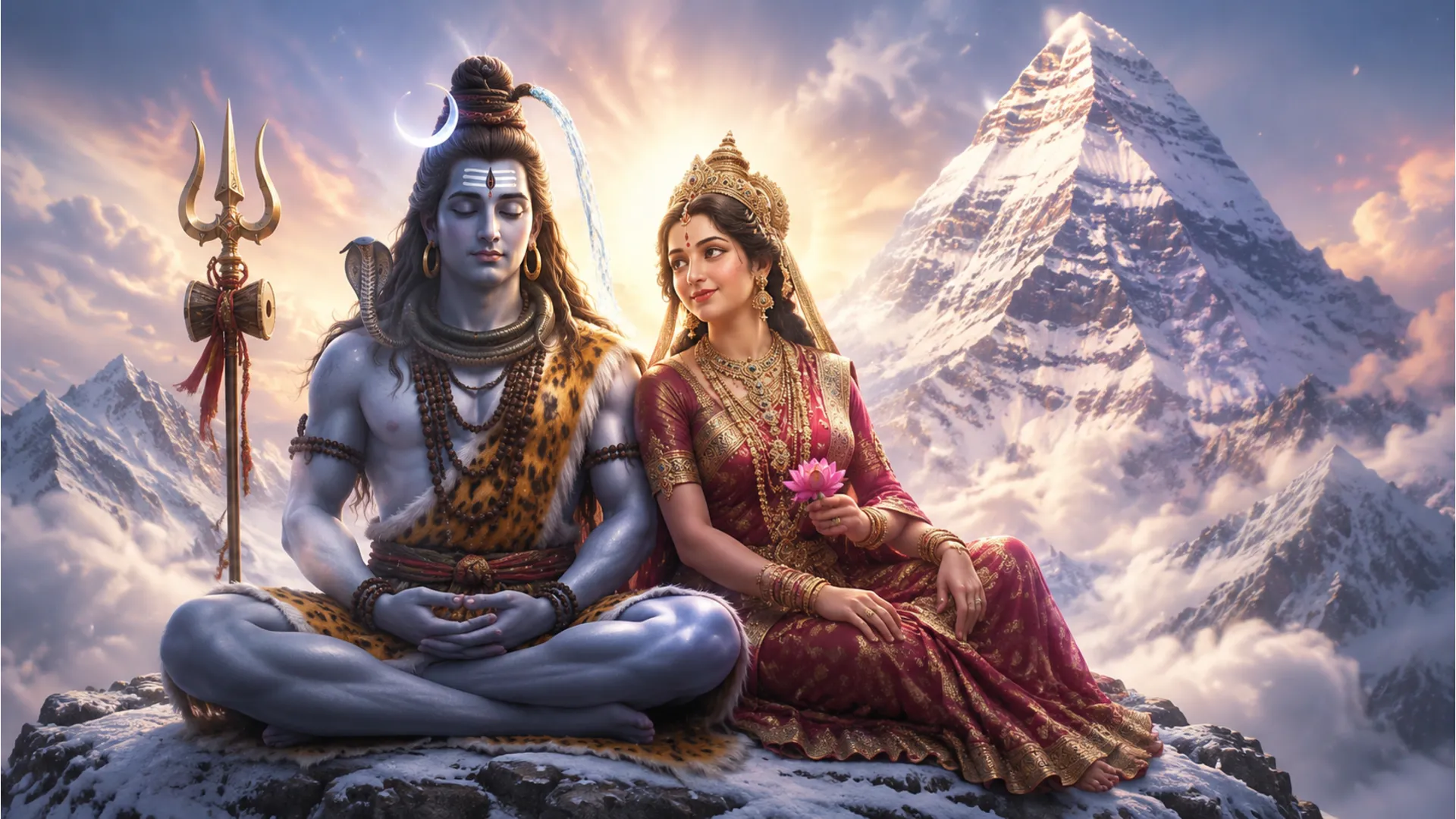 A heartwarming animated image of Lord Shiva and Goddess Parvati seated together peacefully on the snow-capped peak of Mount Kailash.