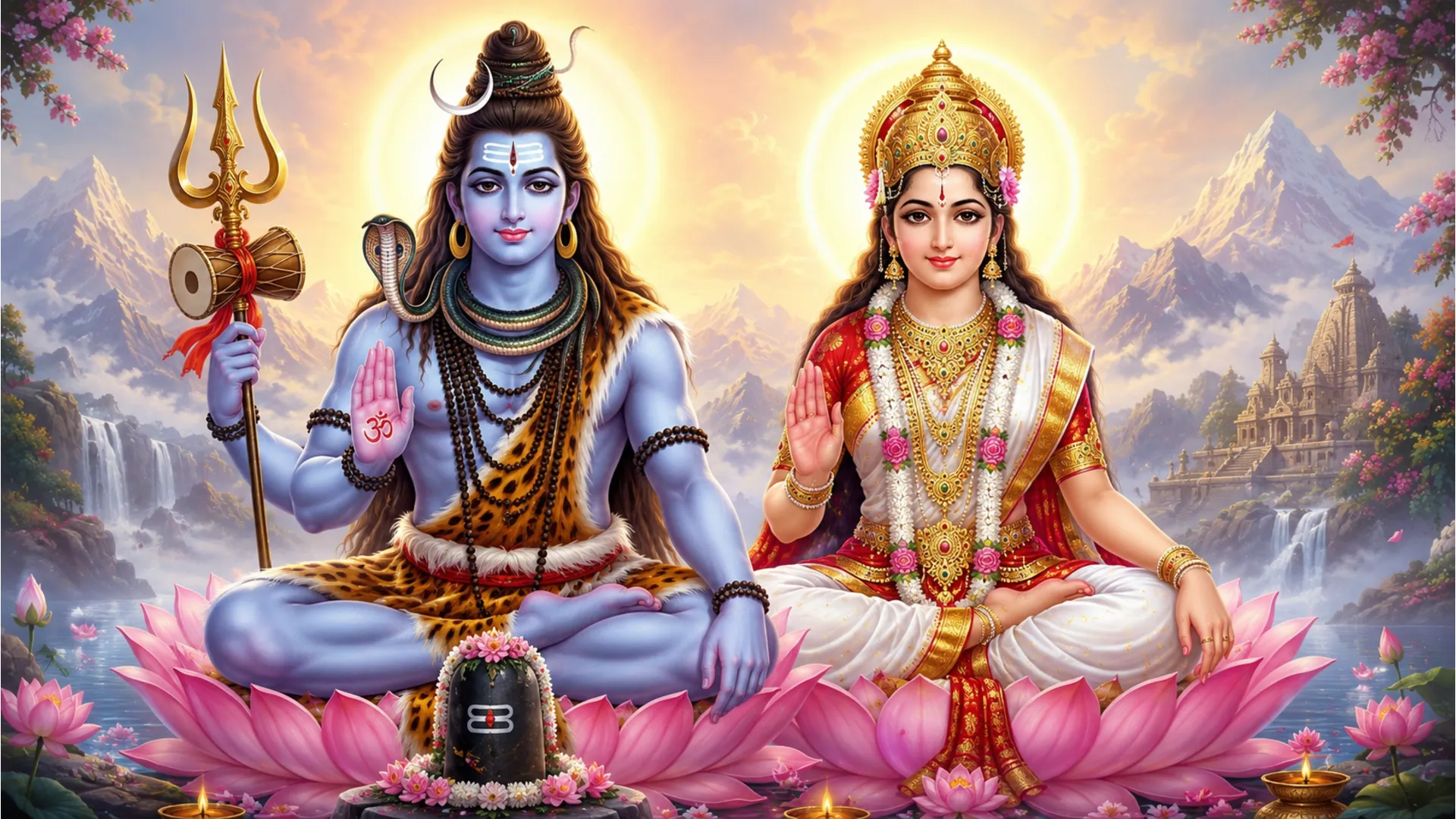 Lord Shiva and Goddess Parvati seated on lotus thrones with ornate jewelry, halos, and sacred trident.