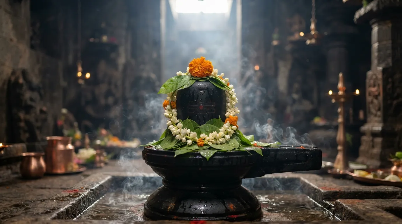 Holy Shiva Lingam adorned with Bael leaves and flowers surrounded by mystical smoke, 1080p Mahadev HD wallpaper 4k.