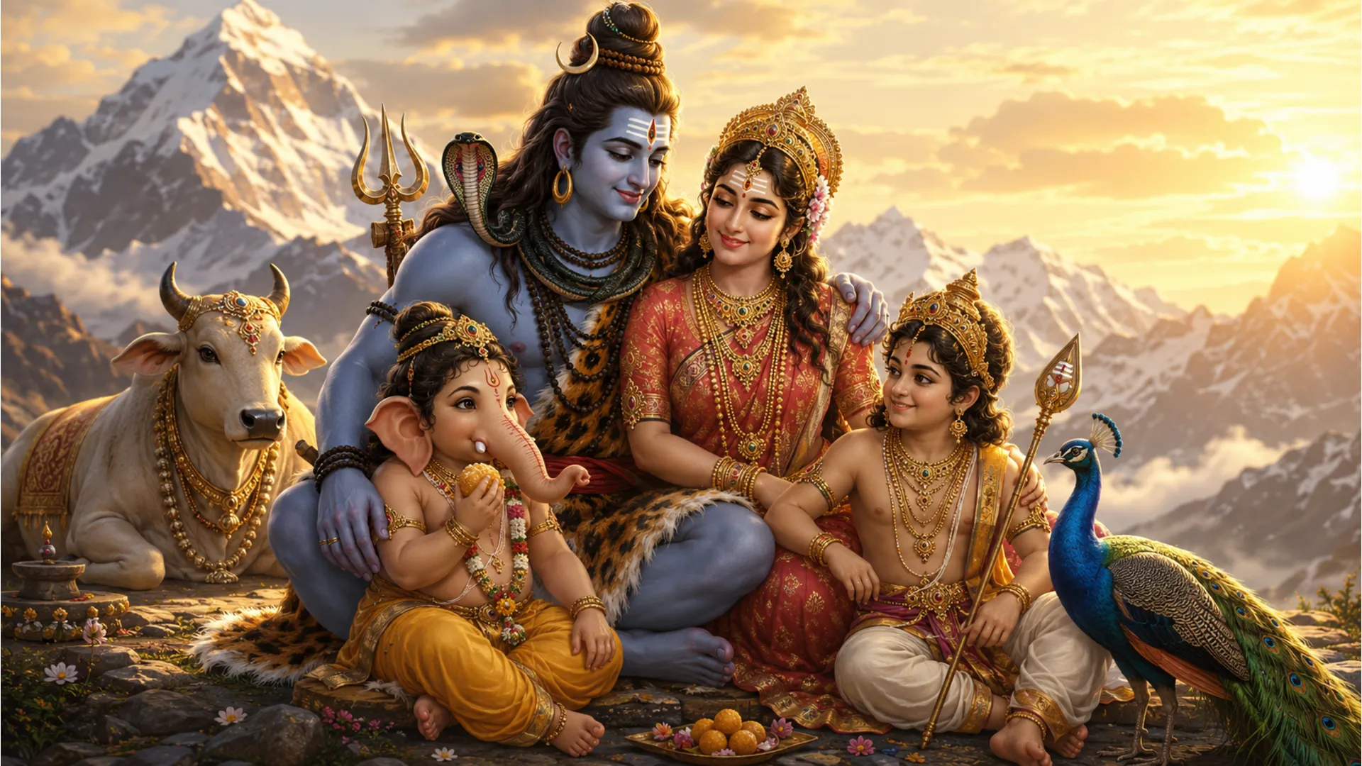 Holy family portrait of Lord Shiva, Goddess Parvati, Lord Ganesha, and Lord Kartikeya.