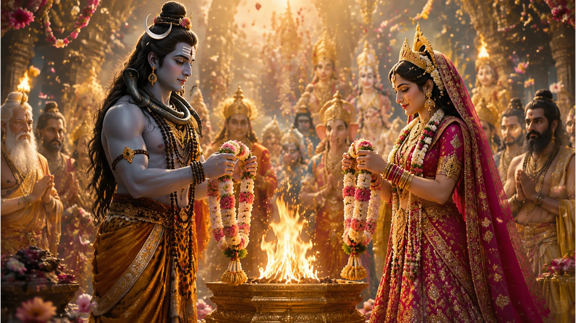 Shiv parvati image download portraying the grand Vedic wedding ceremony with holy fire and flowers.