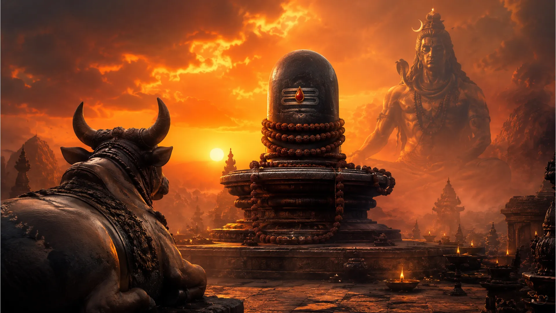 Cinematic depiction of Nandi the bull looking towards a majestic Shivling at dusk.
