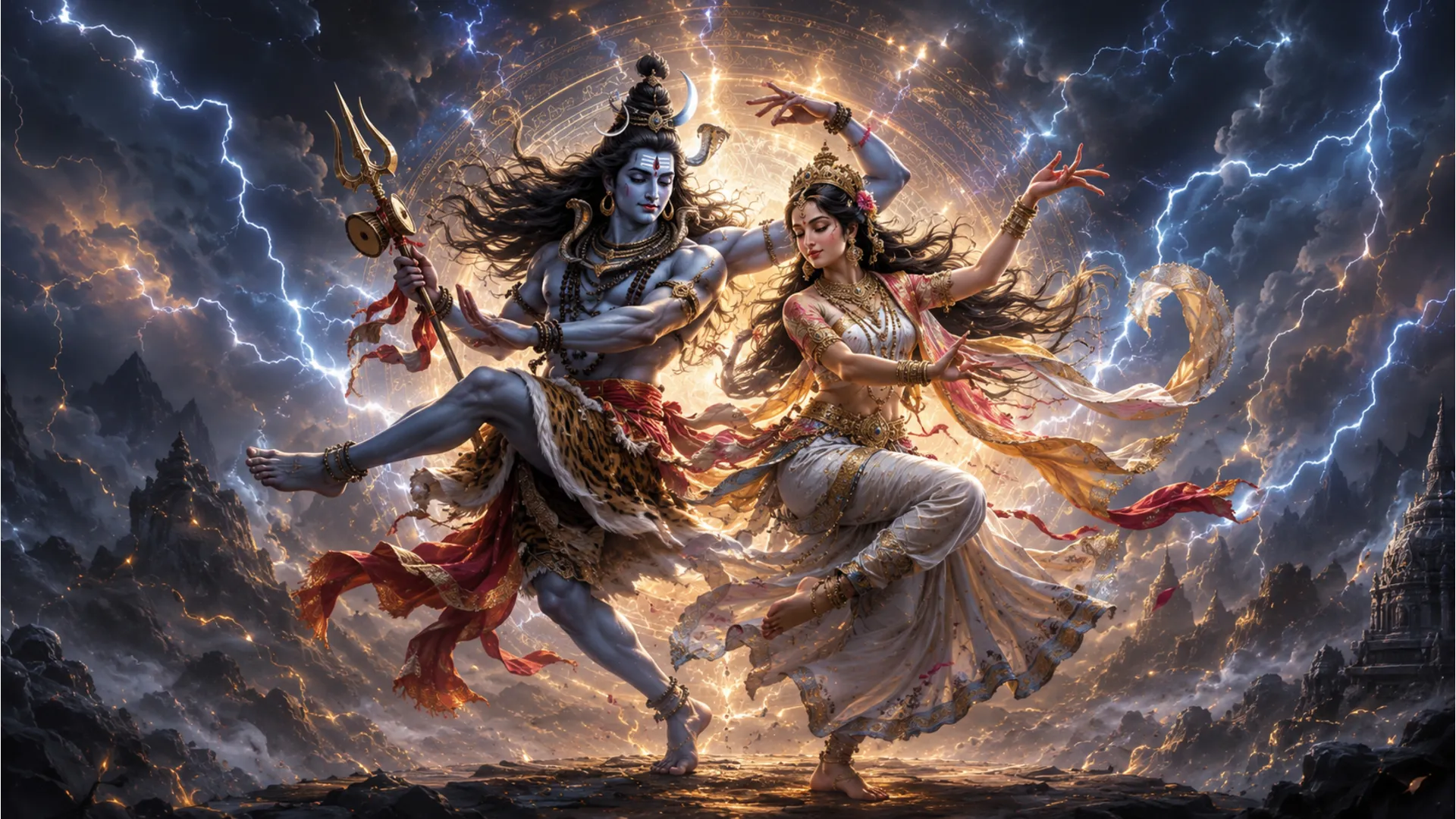 Shiv and Parvati performing the Tandava dance together, symbolizing the cosmic rhythm of their love.