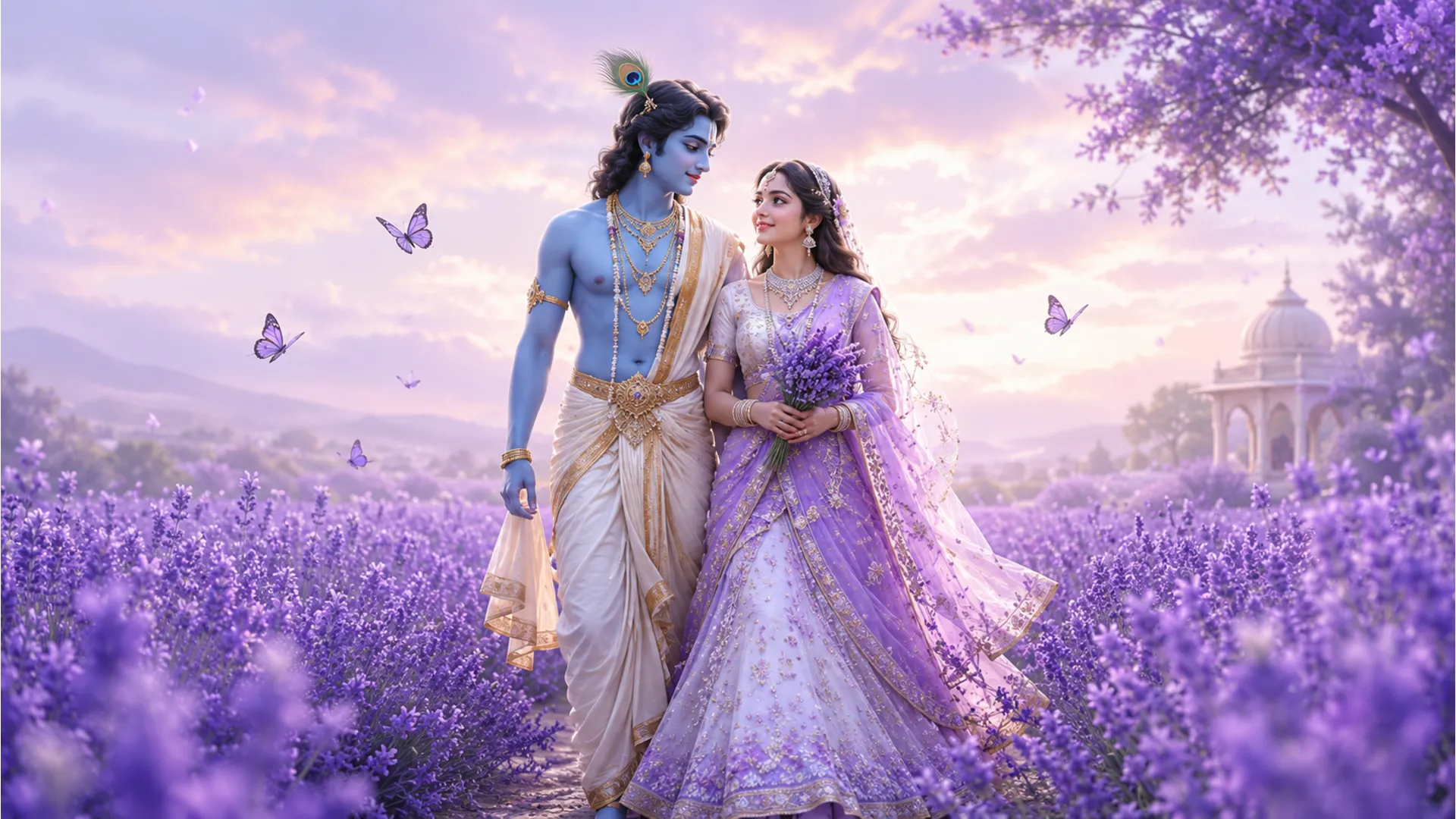 Soft pastel art of a divine couple walking through a vast field of blooming purple lavender