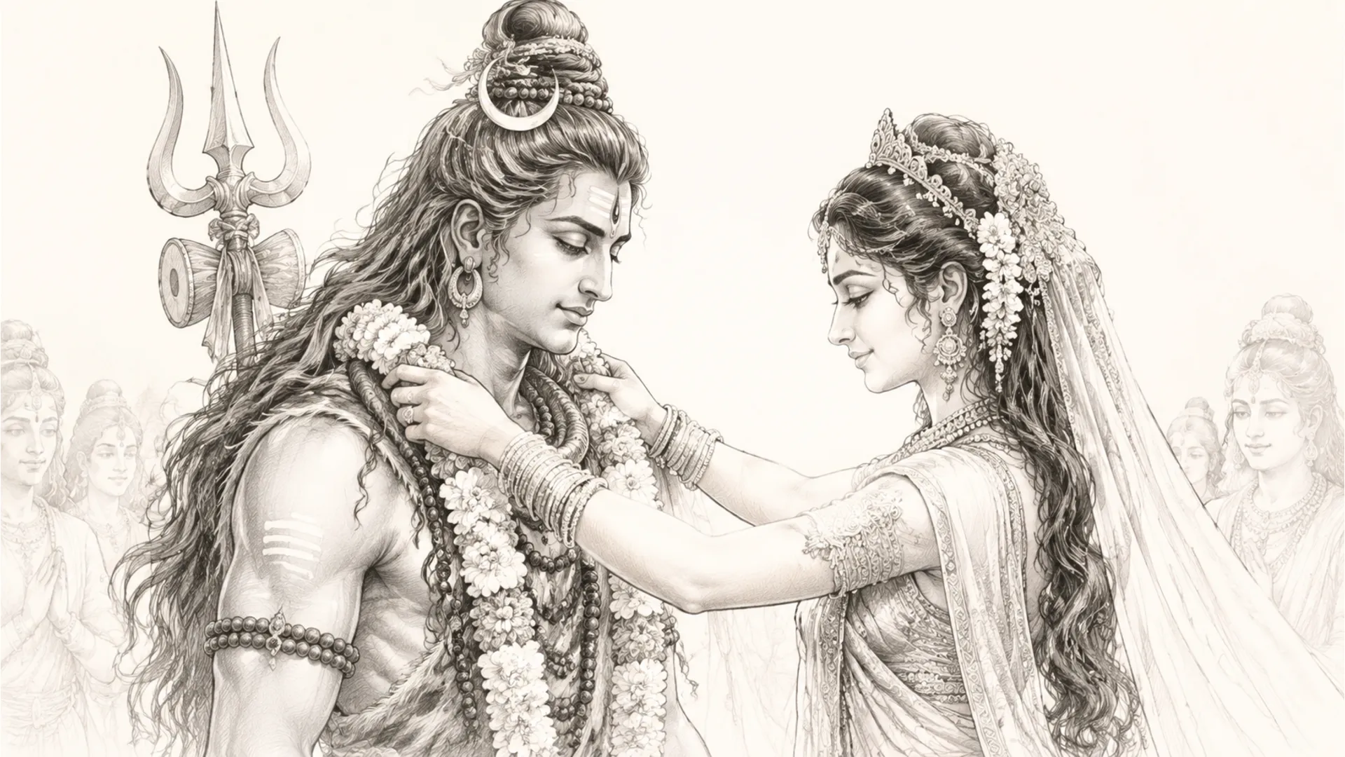 Minimalist artistic line drawing of Shiv Parvati wedding Varmala moment.