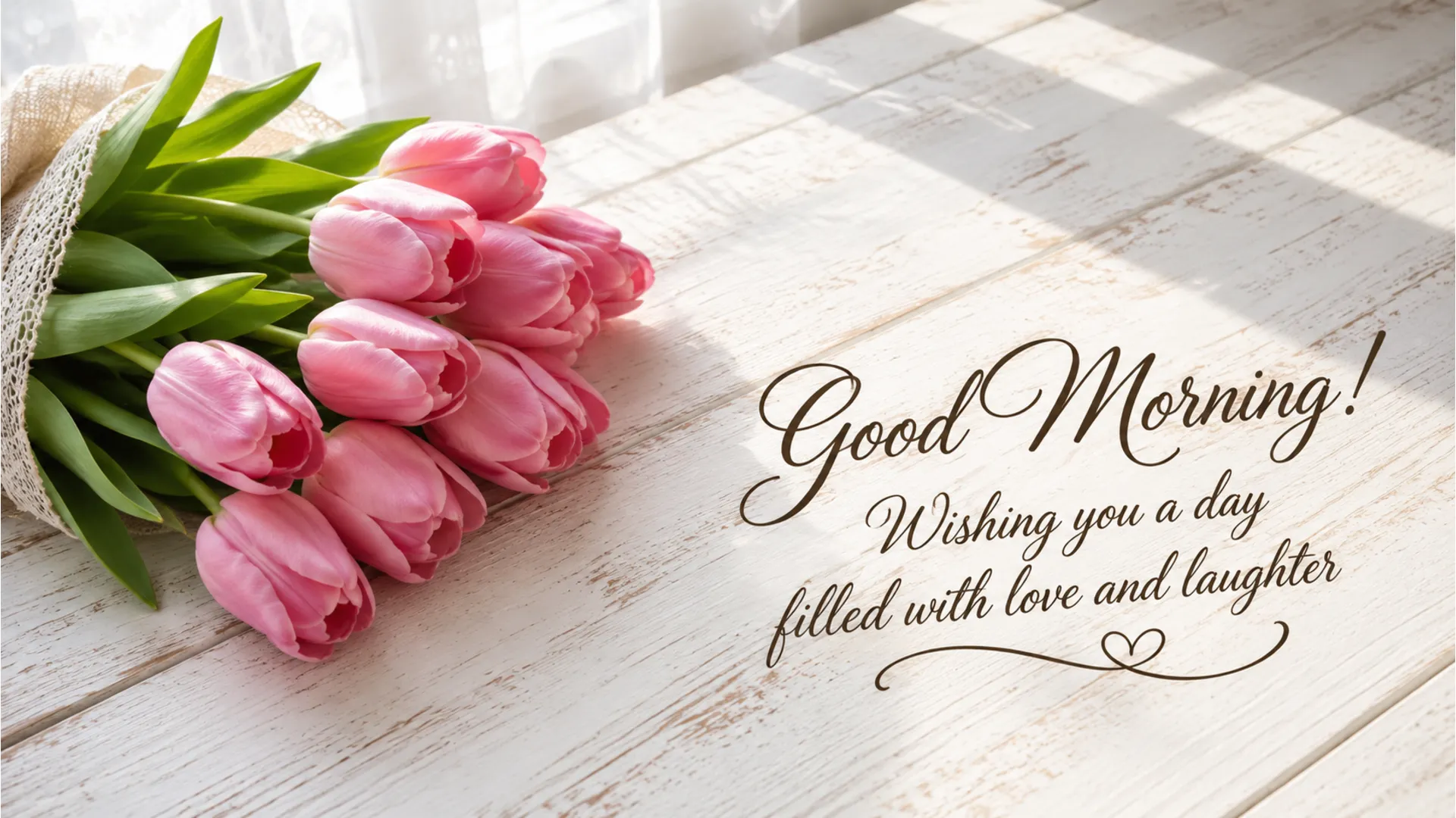 Bouquet of fresh pink tulips with elegant good morning text