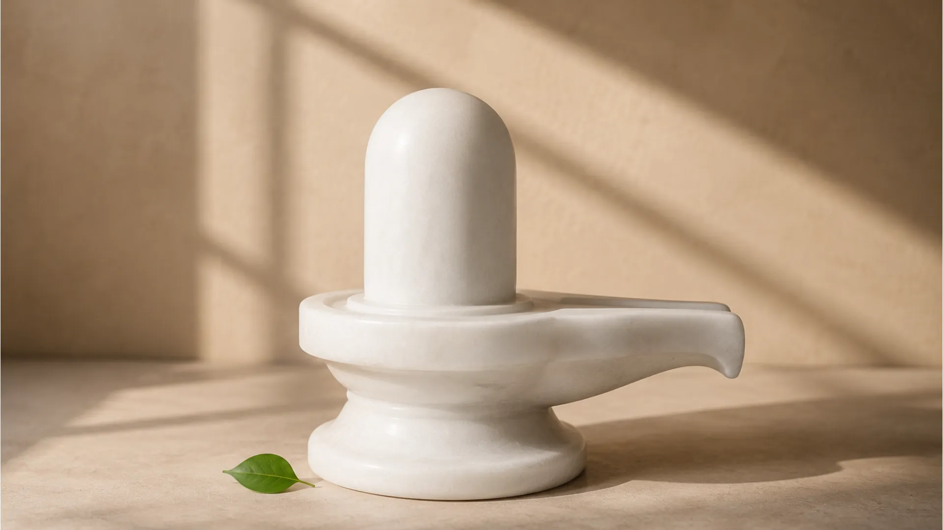 Minimalist white marble Shivling with clean modern background and soft shadows.
