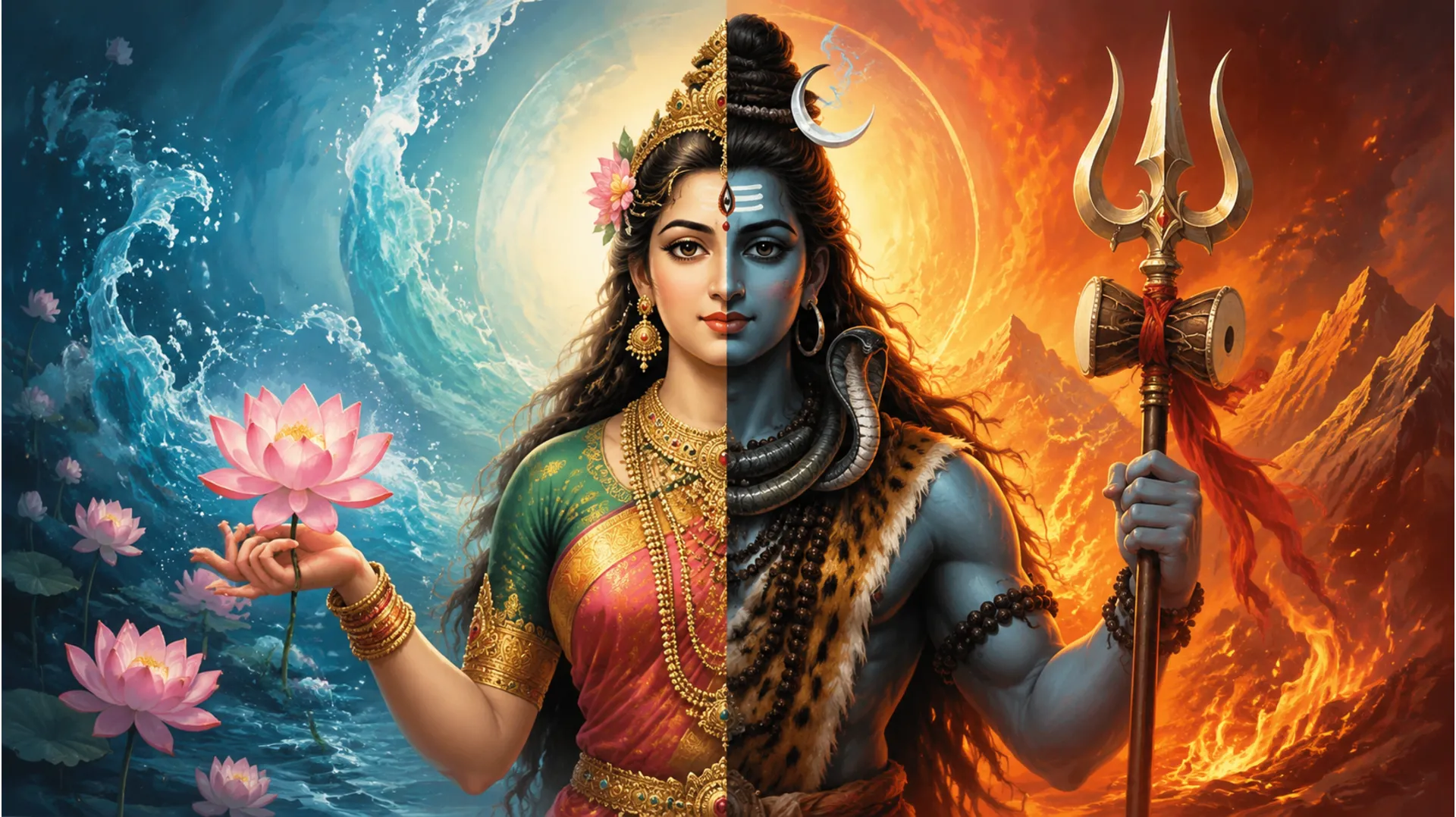 Symbolic Ardhnarishwar image emphasizing the blending of fire (Shiva) and water (Shakti).
