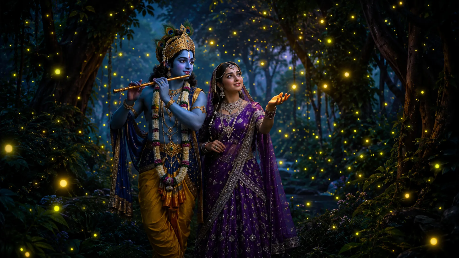 Romantic divine couple standing in a dark enchanted forest surrounded by glowing fireflies