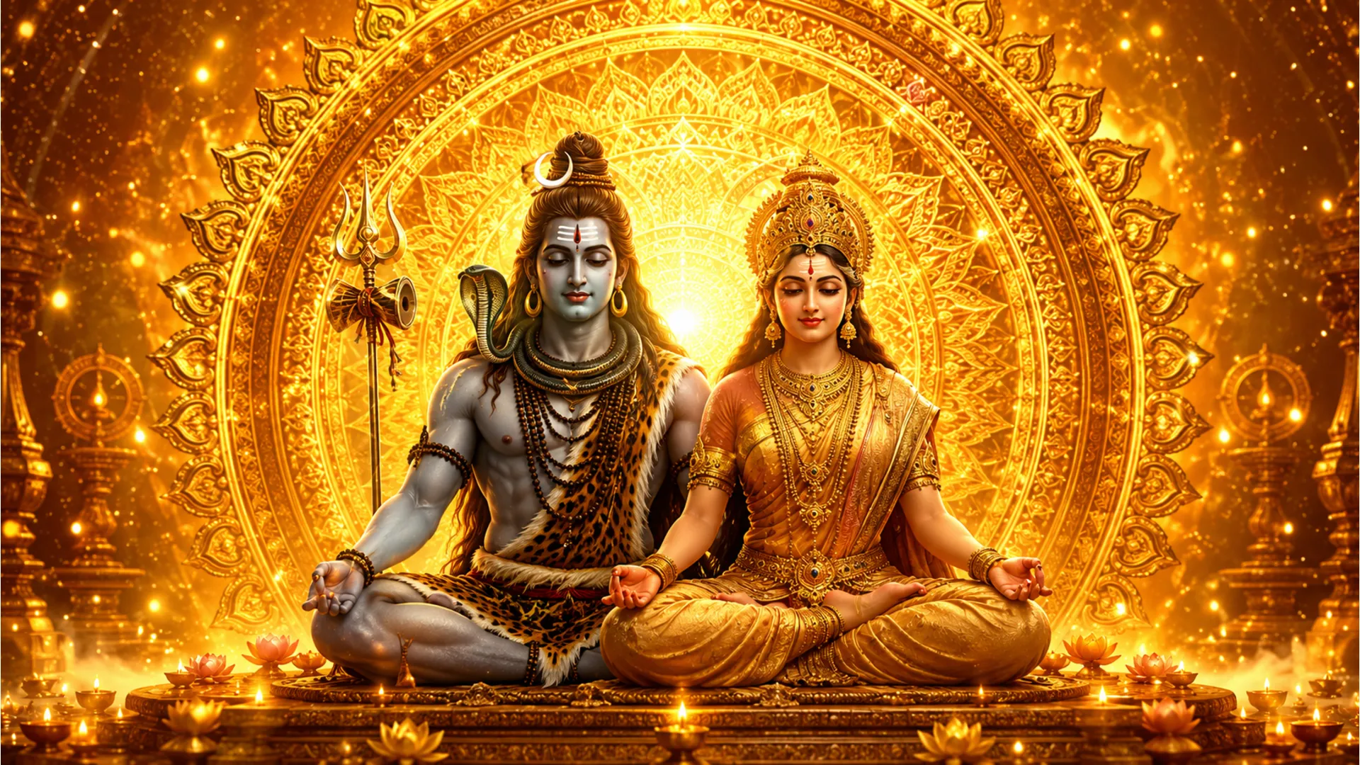 Detailed digital art of Shiva and Parvati meditating with a massive glowing golden mandala aura in the background.