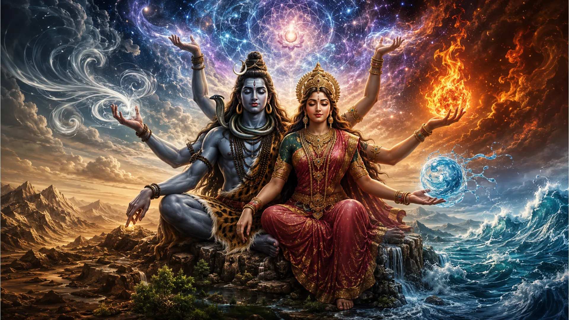 Serene painting of multi-armed Shiva and Parvati teaching ancient sages under a sacred Banyan tree.