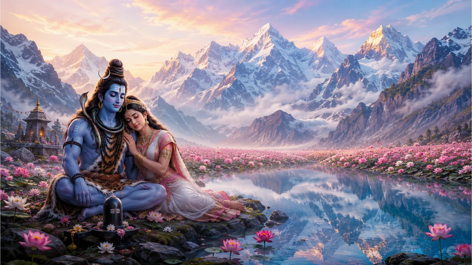 Shiva and Parvati resting inside a hidden valley filled with blooming Himalayan lotuses.