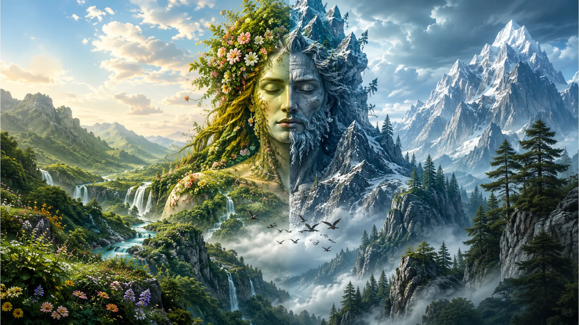Divine figure split into a lush green forest side and a snowy mountain side