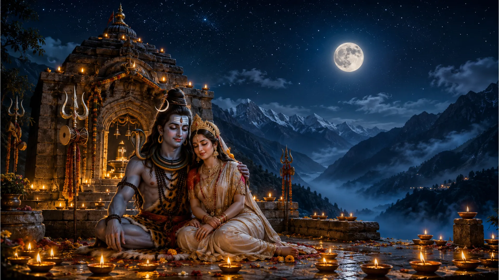 Shiva and Parvati surrounded by glowing oil lamps during an evening mountain ritual.