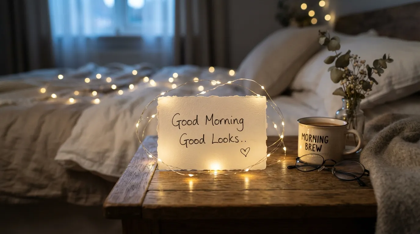 Twinkling fairy lights around a handwritten love note saying Good Morning Good Looks.