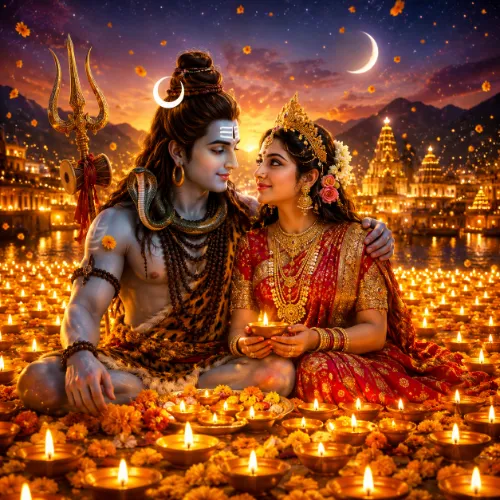 Radiant celebration portrait of Shiva and Parvati with glowing diyas.
