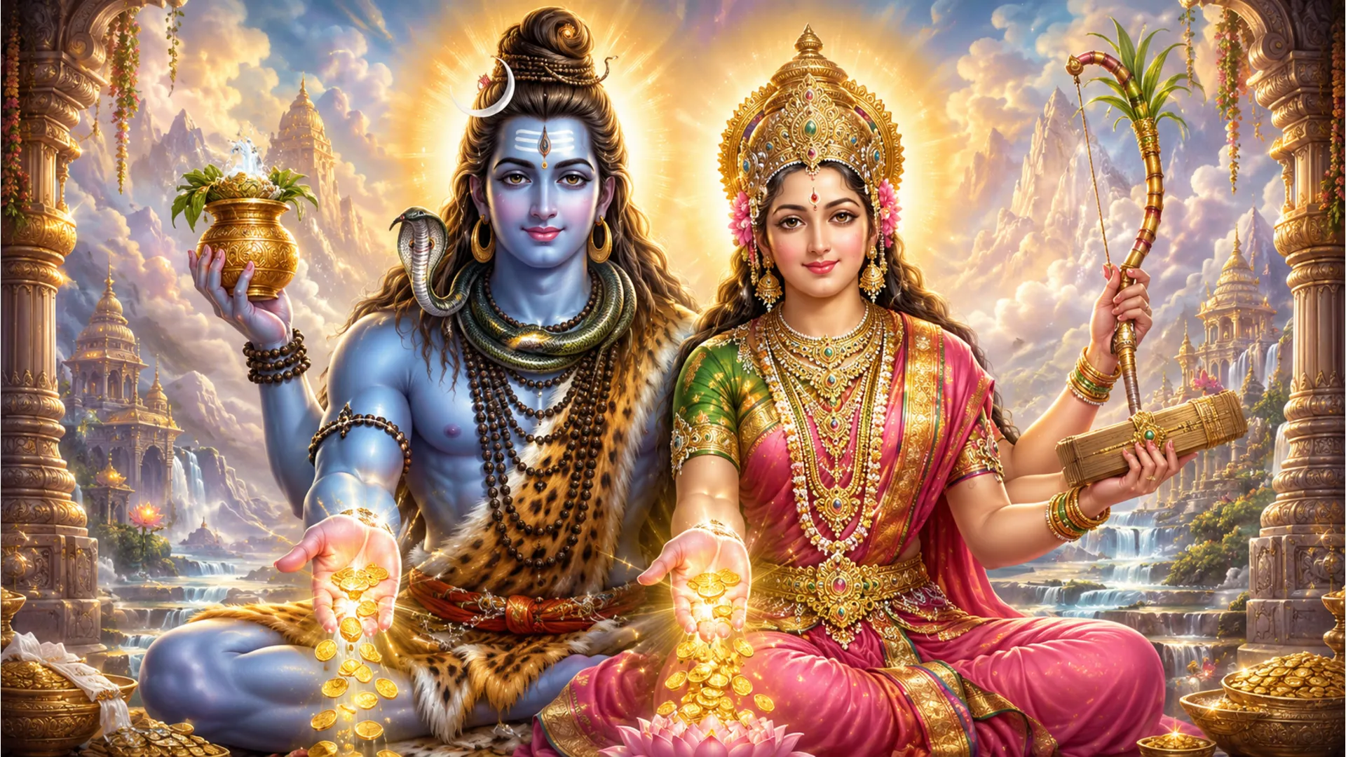 Powerful artwork of Shiva and Parvati in a fierce form holding weapons to destroy negative energies.