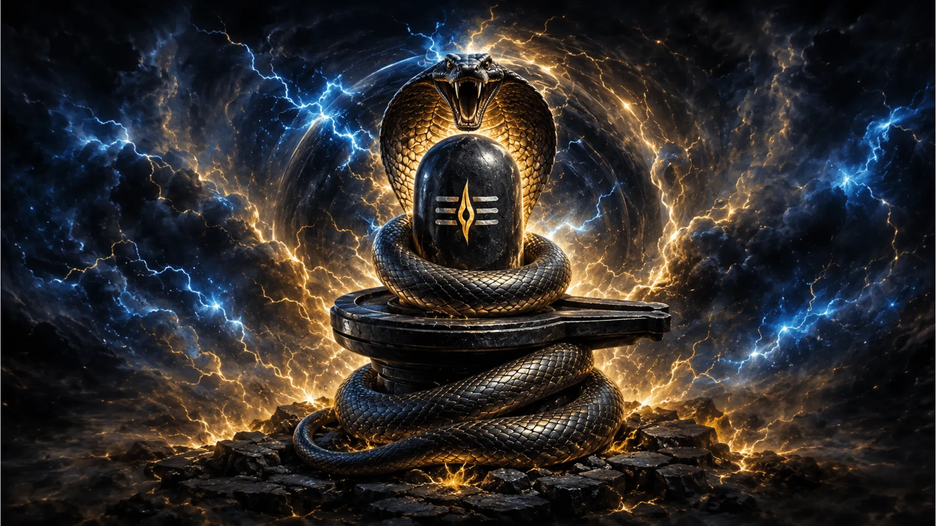 An energetic depiction of a Shivling surrounded by dynamic fire, lightning, and a powerful cosmic snake.
