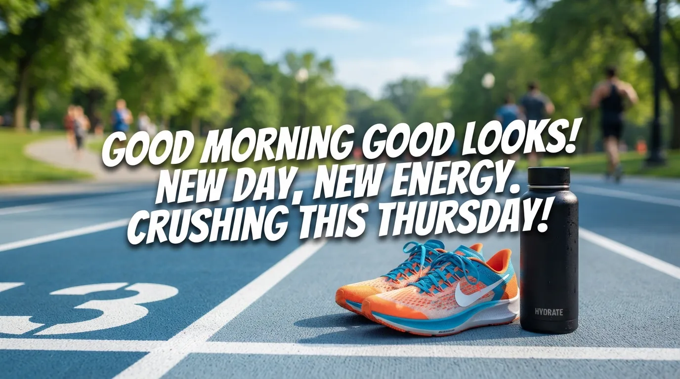A water bottle and running shoes on an outdoor track in the morning sun.