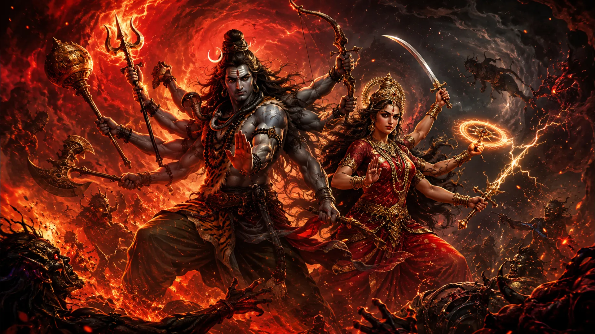 Conceptual artwork showing multi-armed Shiva and Parvati controlling earth, water, fire, air, and space.