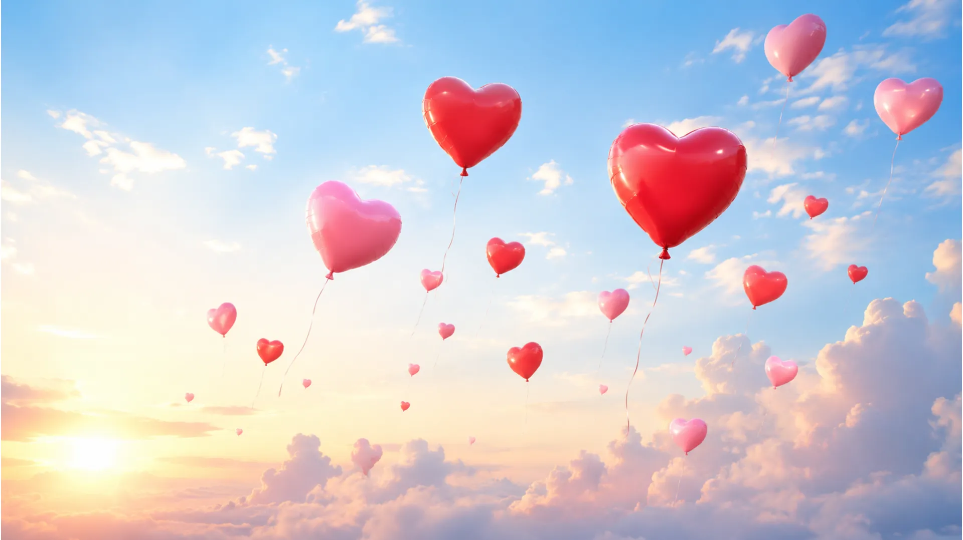 Red and pink heart balloons floating in a soft pastel morning sky for morning greetings.