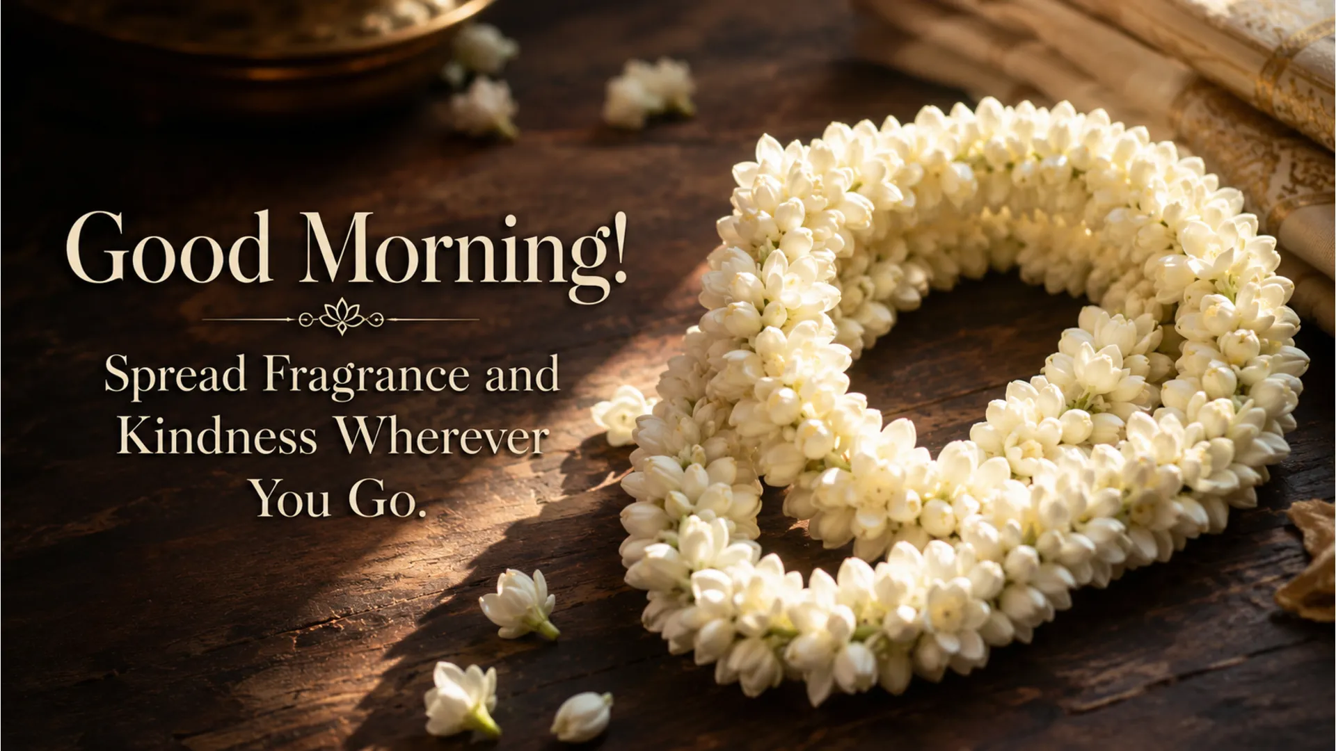 A fresh string of white jasmine flowers (Mundu Malli) placed gently on a wooden surface with morning light.