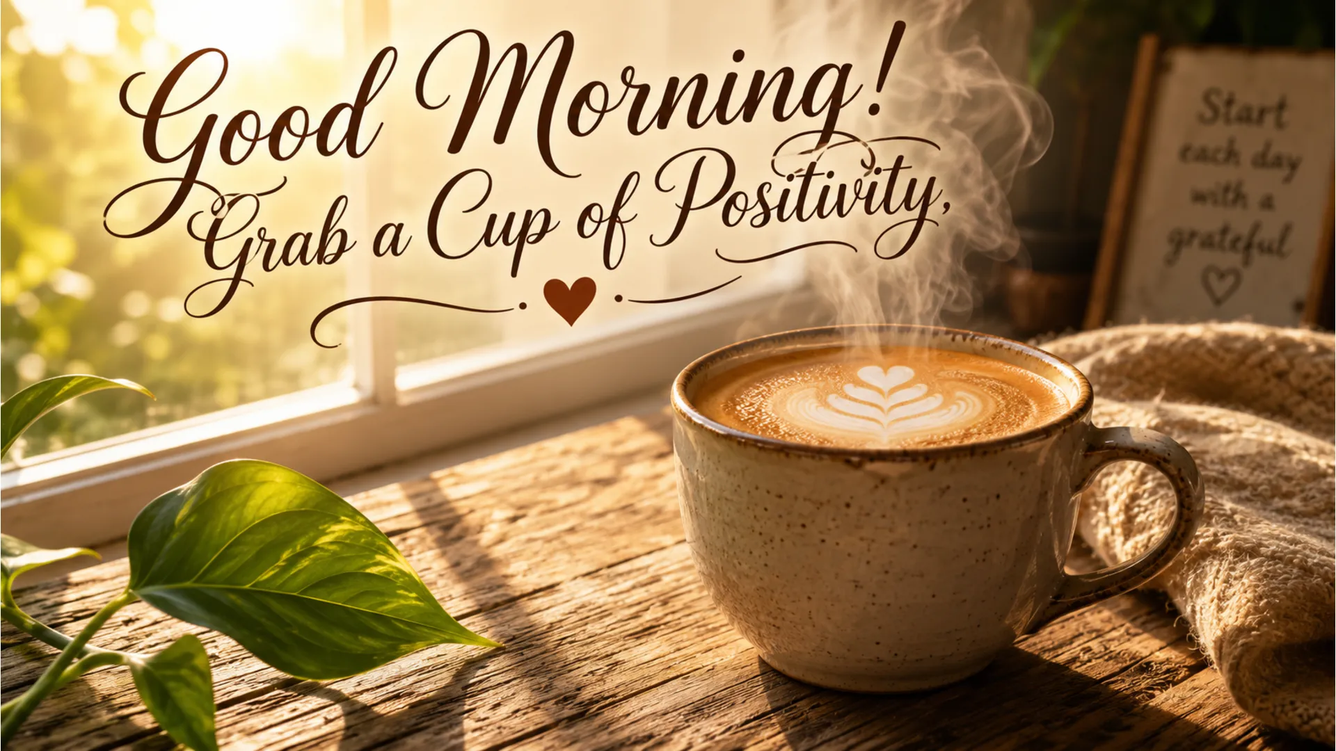 A steaming ceramic mug of coffee on a wooden table next to green leaves.