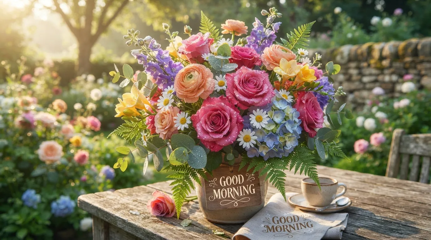 A rustic basket full of fresh pink peonies in a garden with a warm English morning wish.
