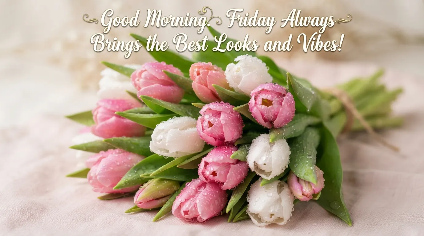A bouquet of fresh pink and white tulips with Friday morning wishes.