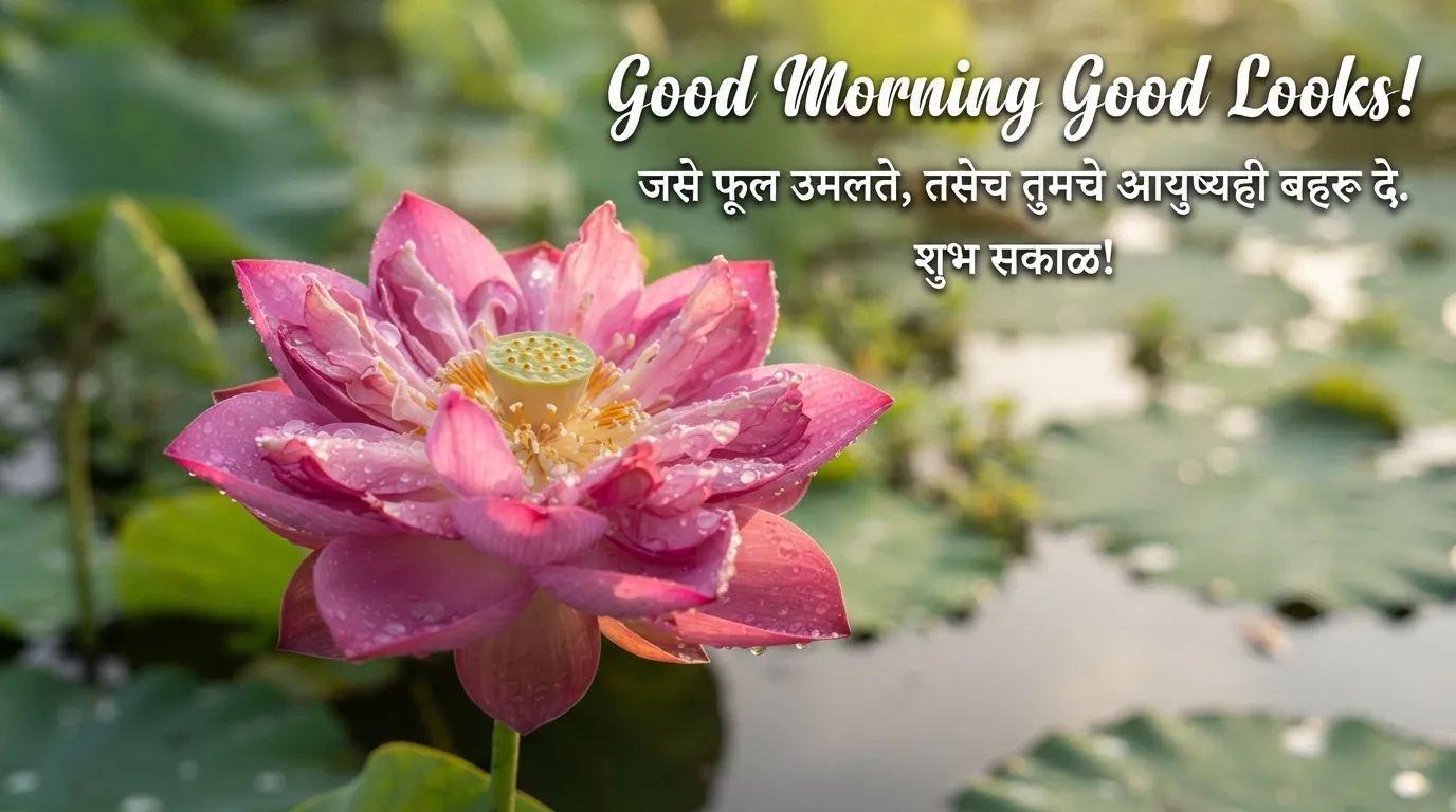 Beautiful pink lotus and dew drops with good morning thoughts in marathi.