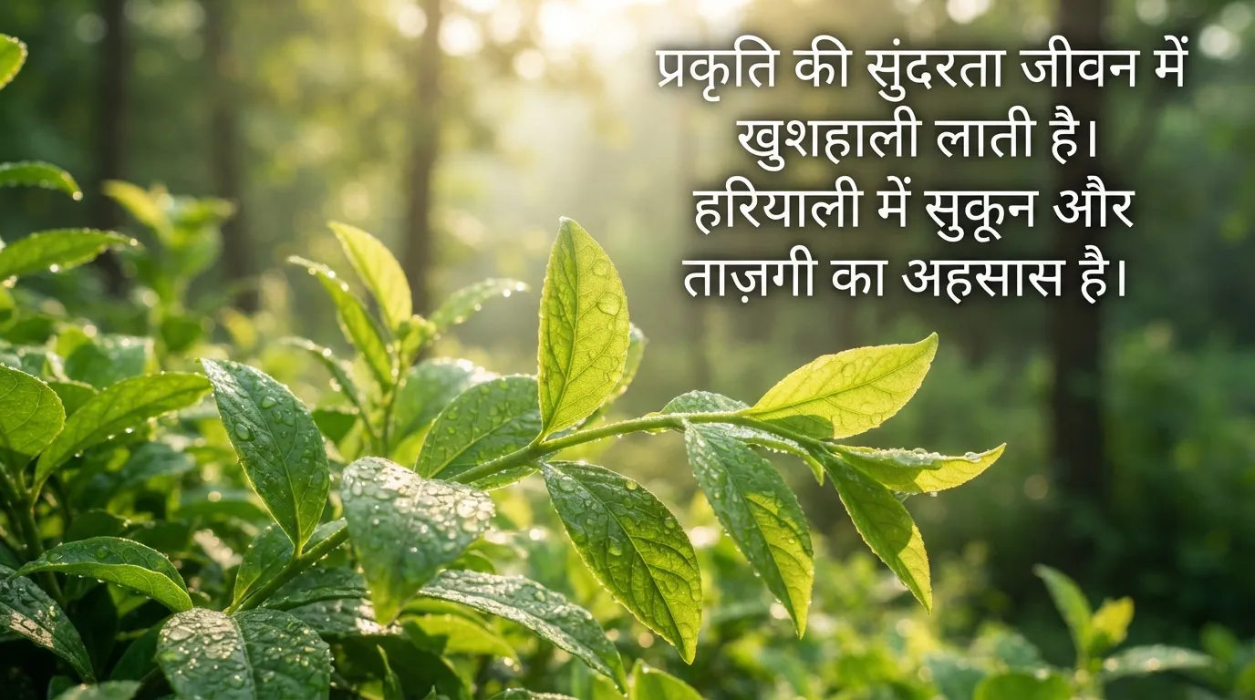 Fresh green leaves with morning light and Hindi quote