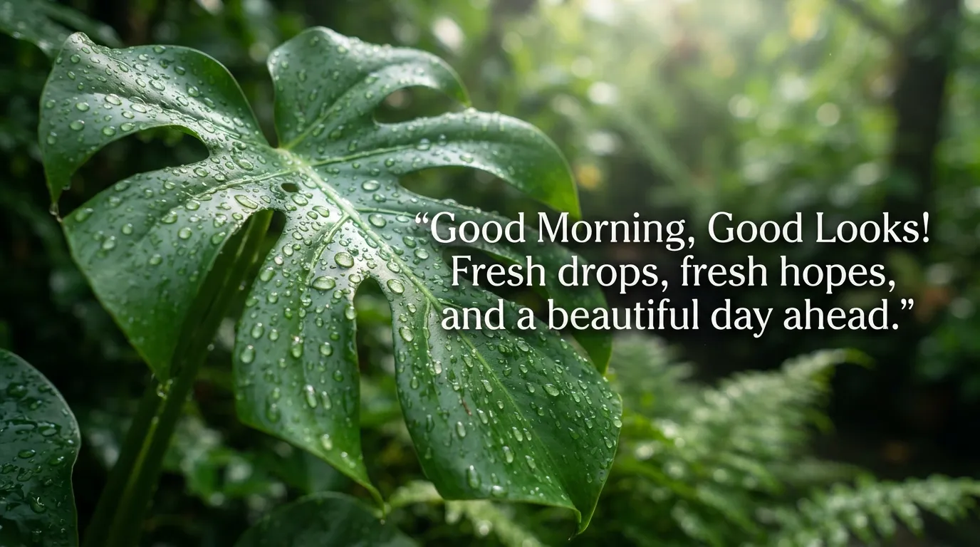 Vibrant green leaf with shiny raindrops and inspirational morning quote.
