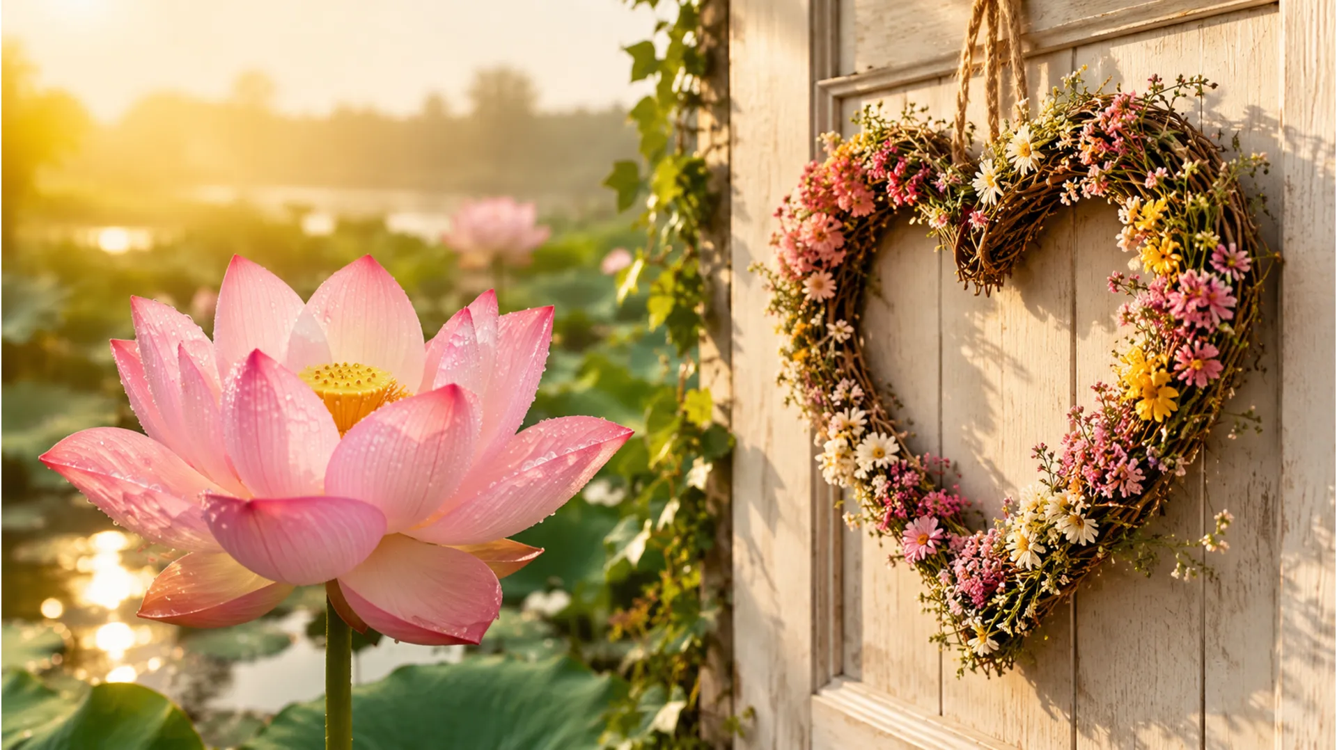 Pink lotus flower with morning dew drops glowing in sunrise light