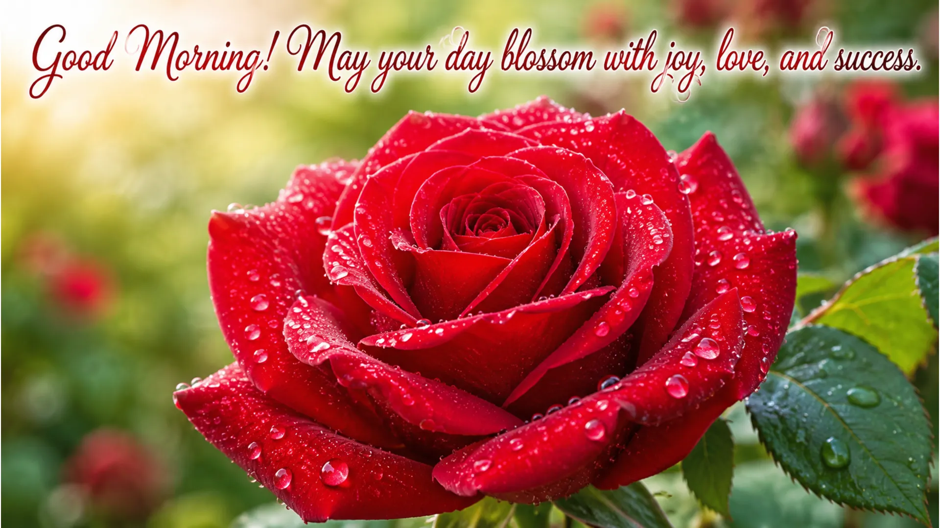 Vibrant red rose covered in morning dew with good morning text overlay