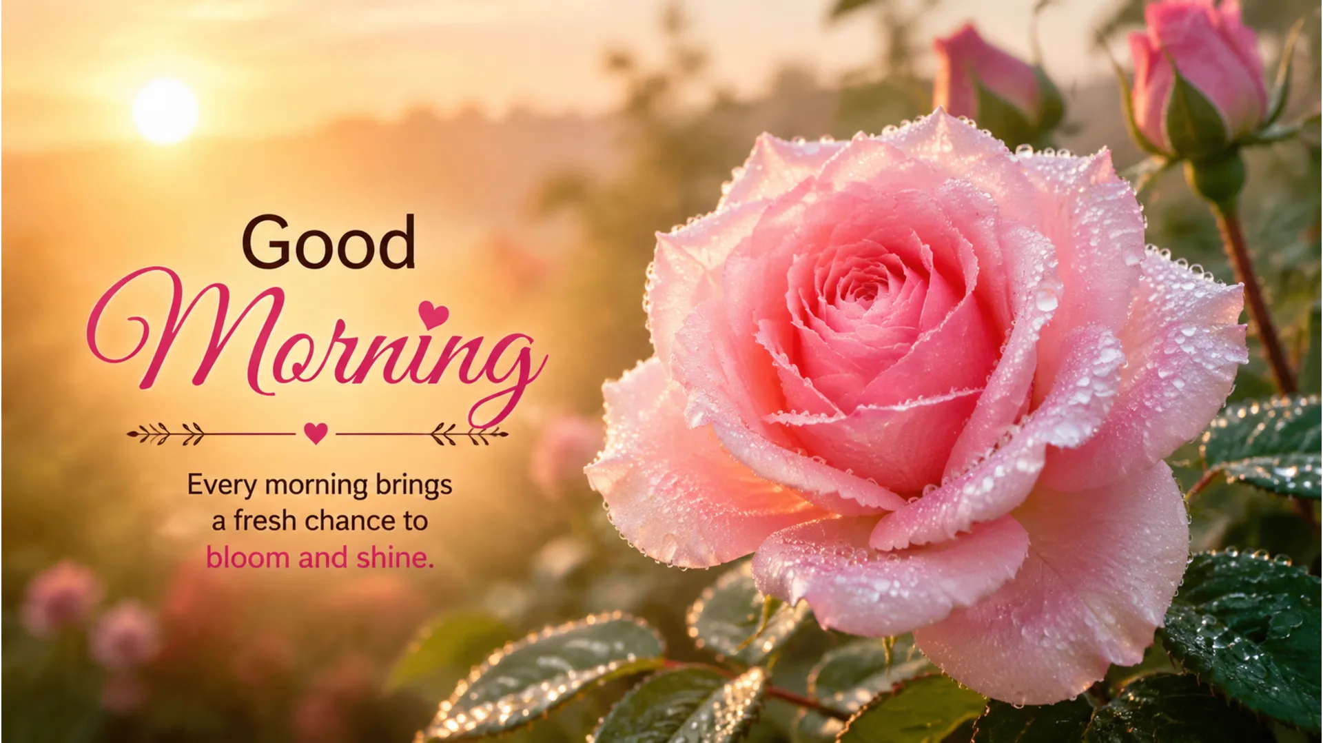 Beautiful good morning image featuring a fresh pink rose with morning dew drops in golden sunlight.