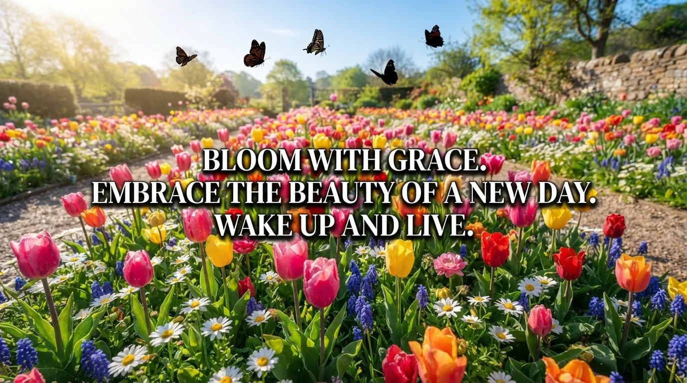 A colorful garden of blooming tulips and daisies under bright Sunday morning sunlight.