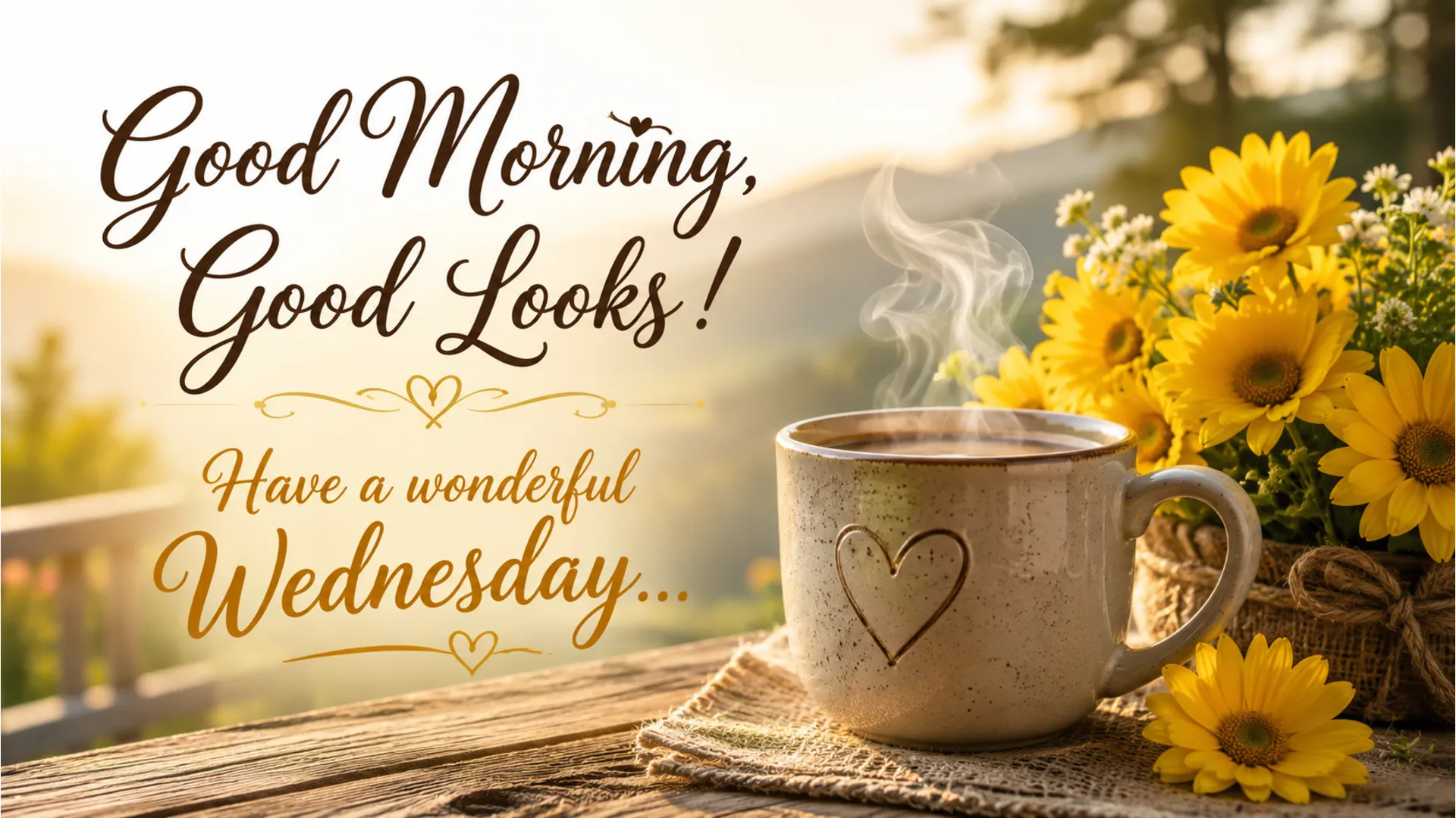 A beautiful Good Morning Wednesday image featuring a warm cup of coffee on a wooden table with fresh yellow flowers.