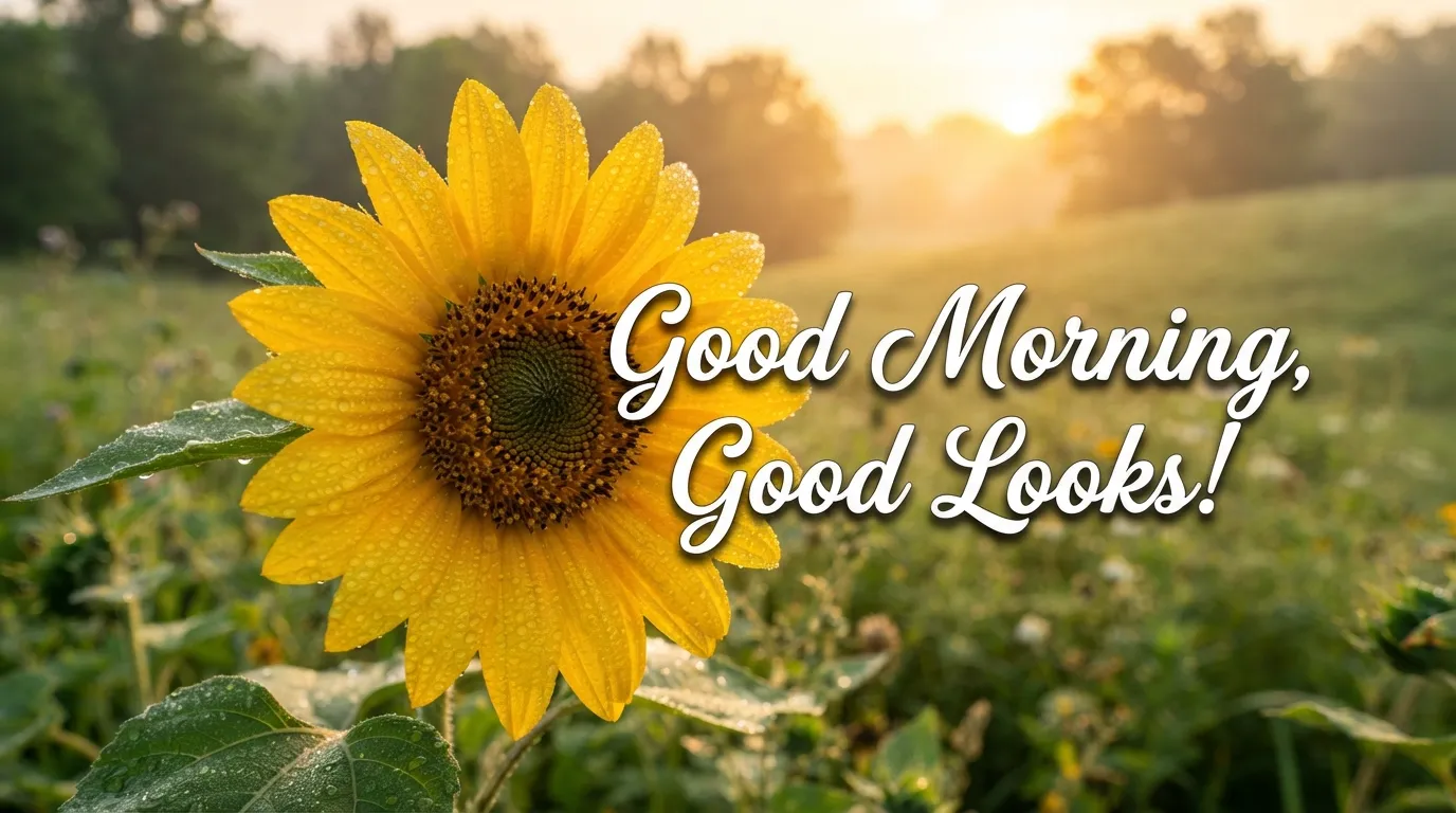 A fresh morning view of a sunflower with a 'Good Morning, Good Looks' greeting.