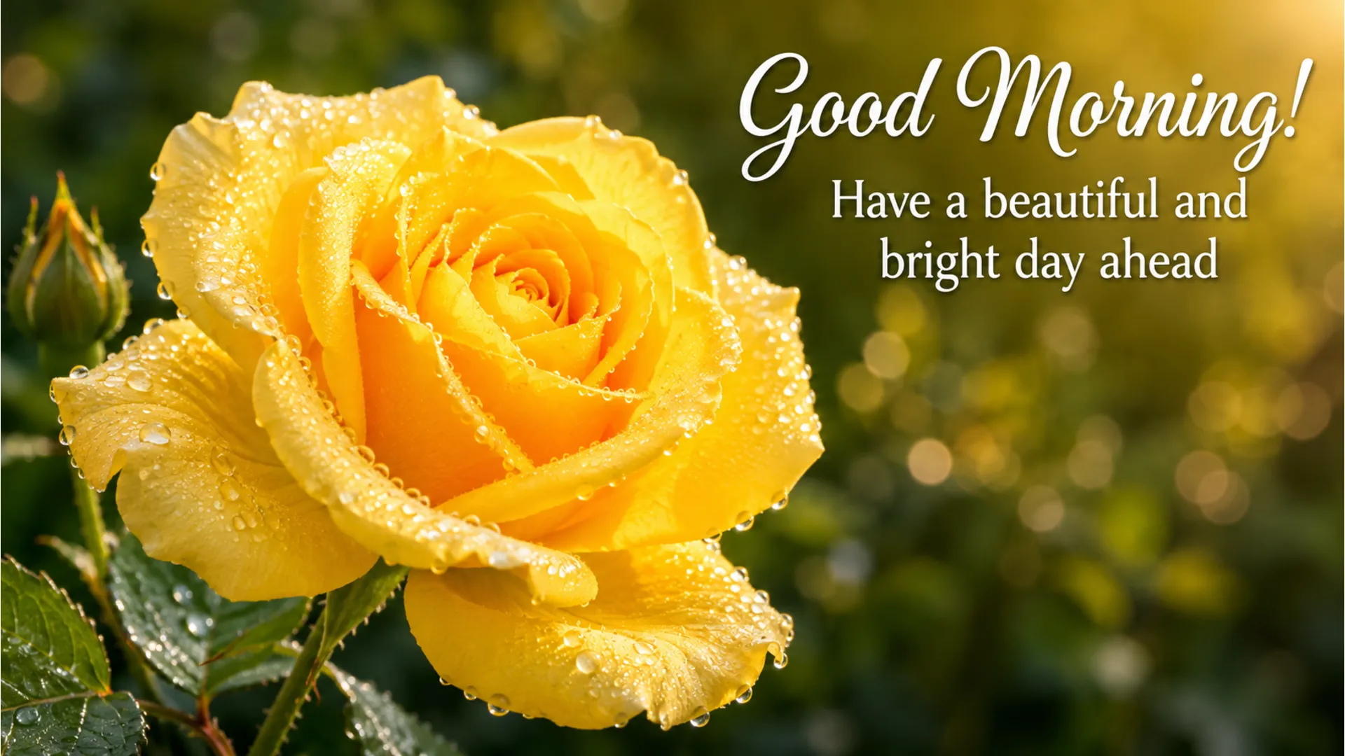 Fresh yellow rose with morning dew drops and good morning quote